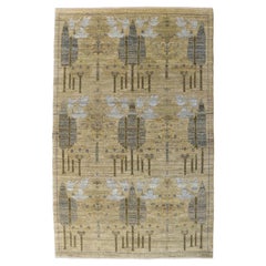 Hand-Knotted Persian Beige, Blue, Brown Wool Carpet, Pictorial Folk Art, 4x6