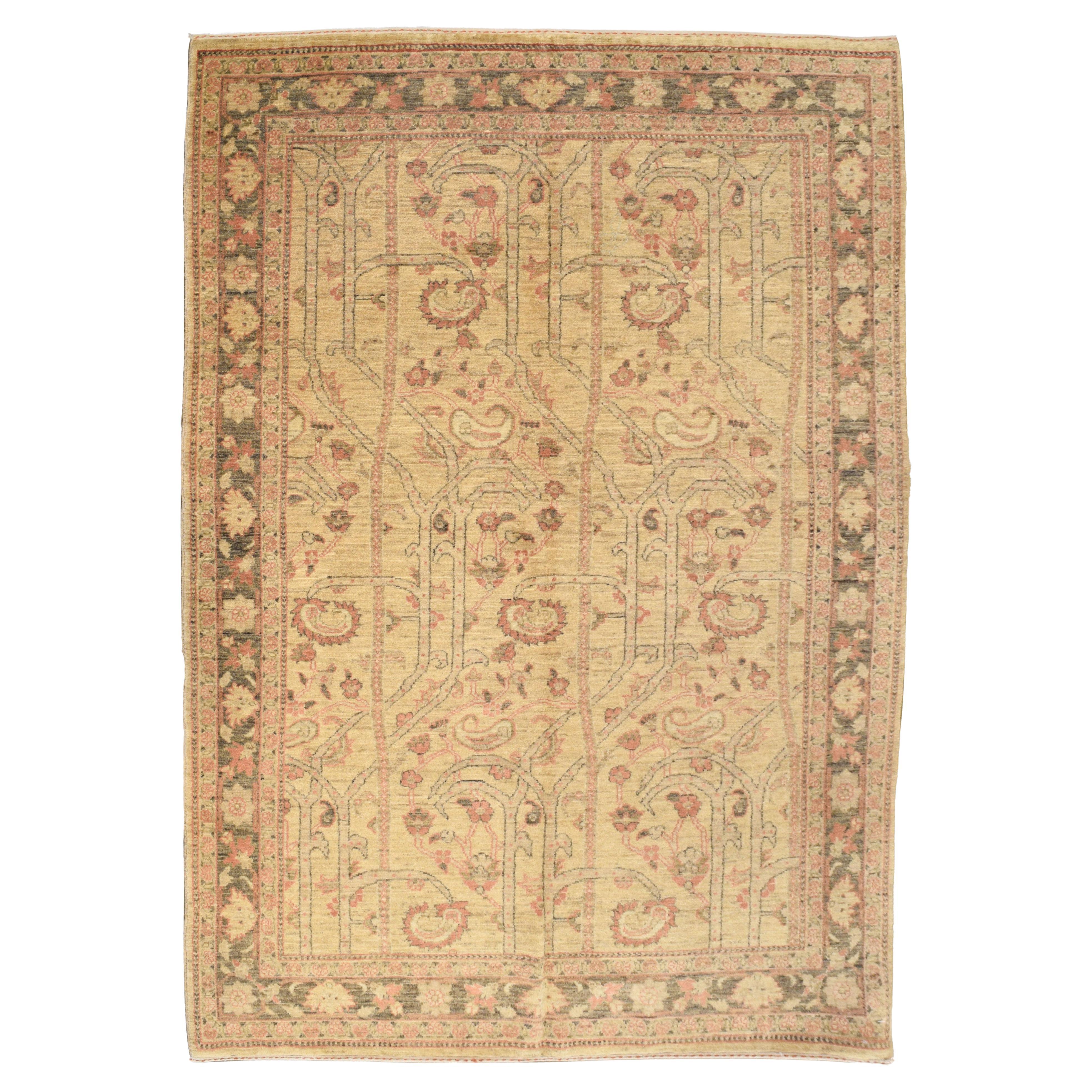 Handgeknüpfter persischer Blumenteppich in Braun, Orange, Grün und Creme Wolle, 4' x 6' im Angebot