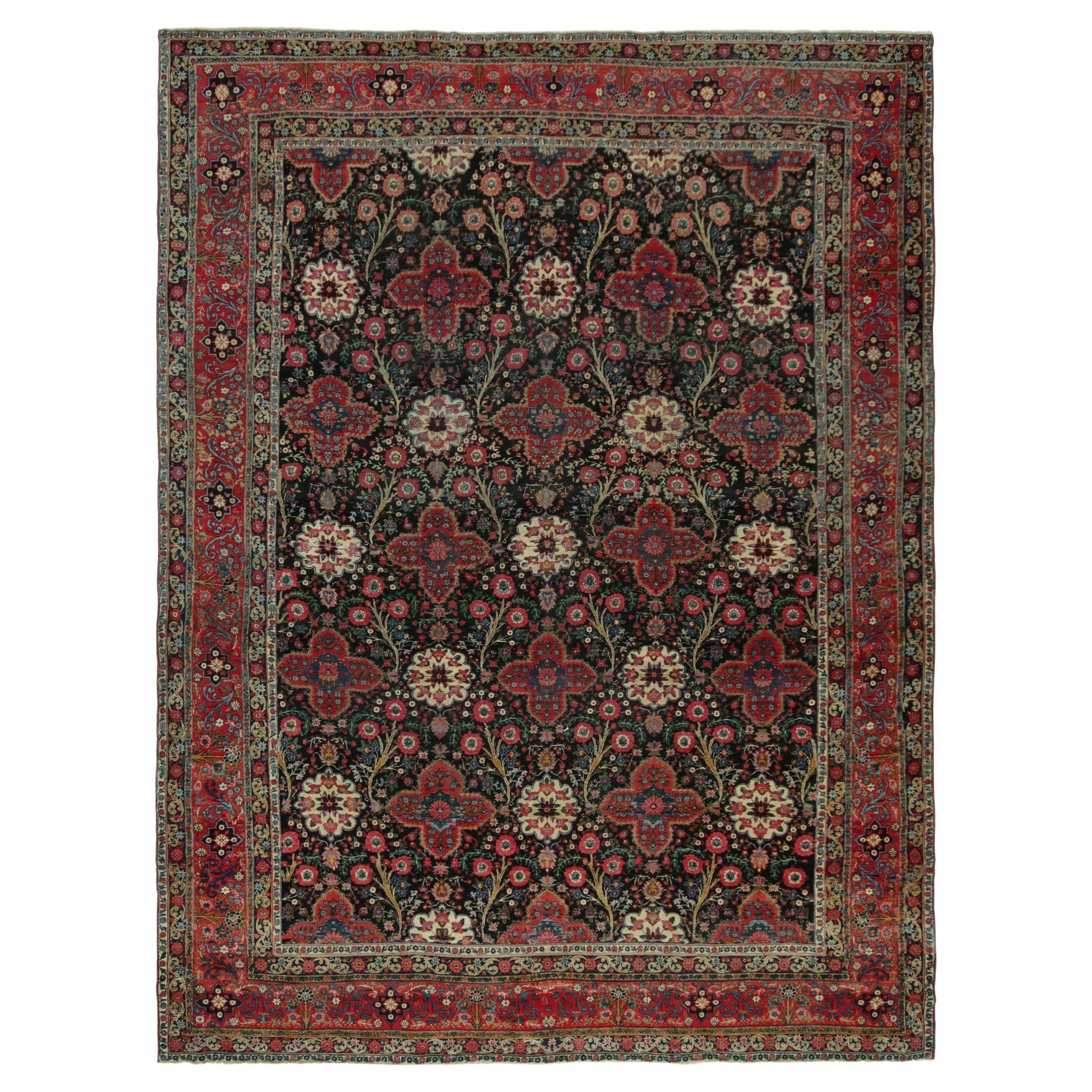 Antique Persian Rug in Black with Red Floral Patterns - by Rug & Kilim