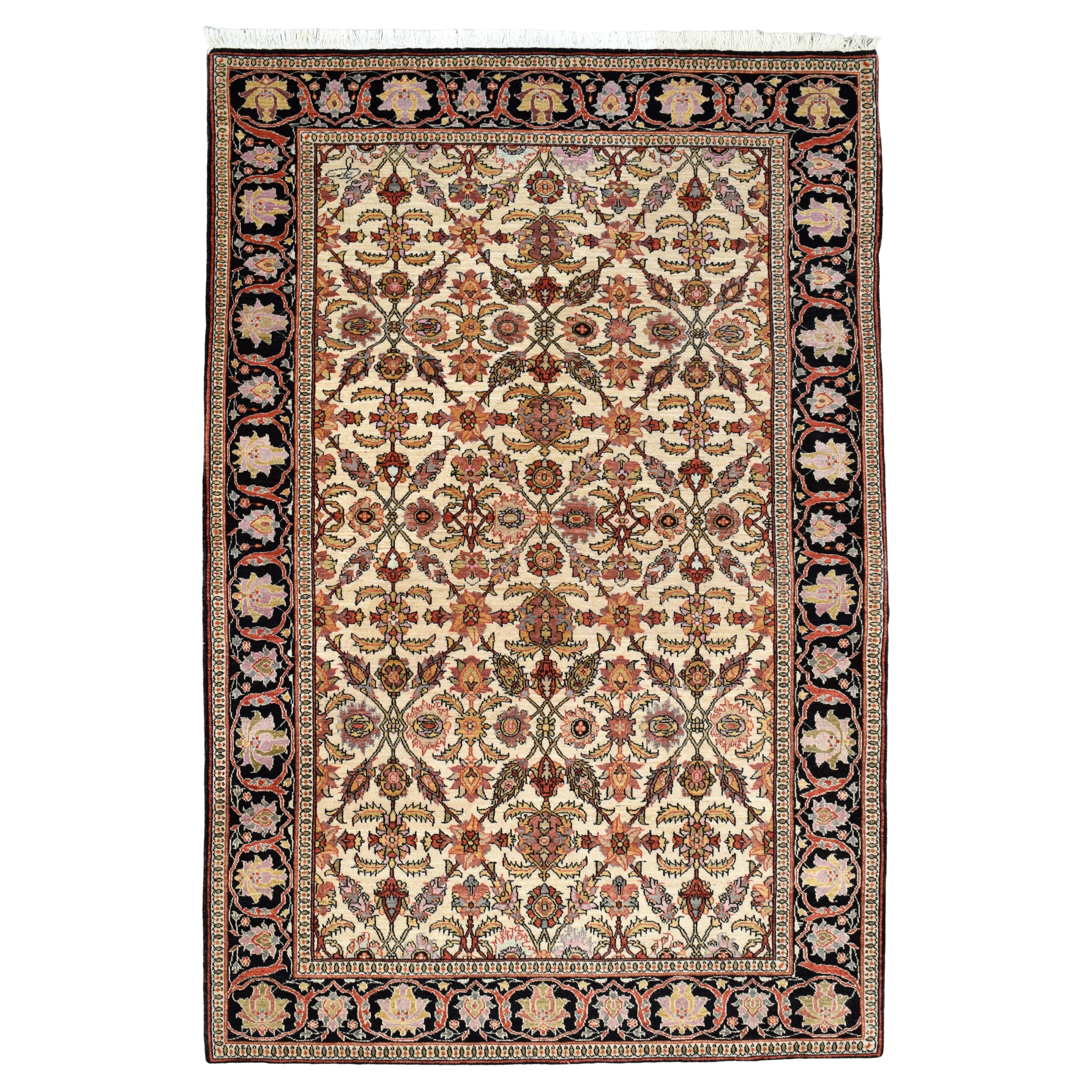 Tapis persan noué à la main avec médaillons floraux en crème, rouille, noir, 5
 x 7 en vente