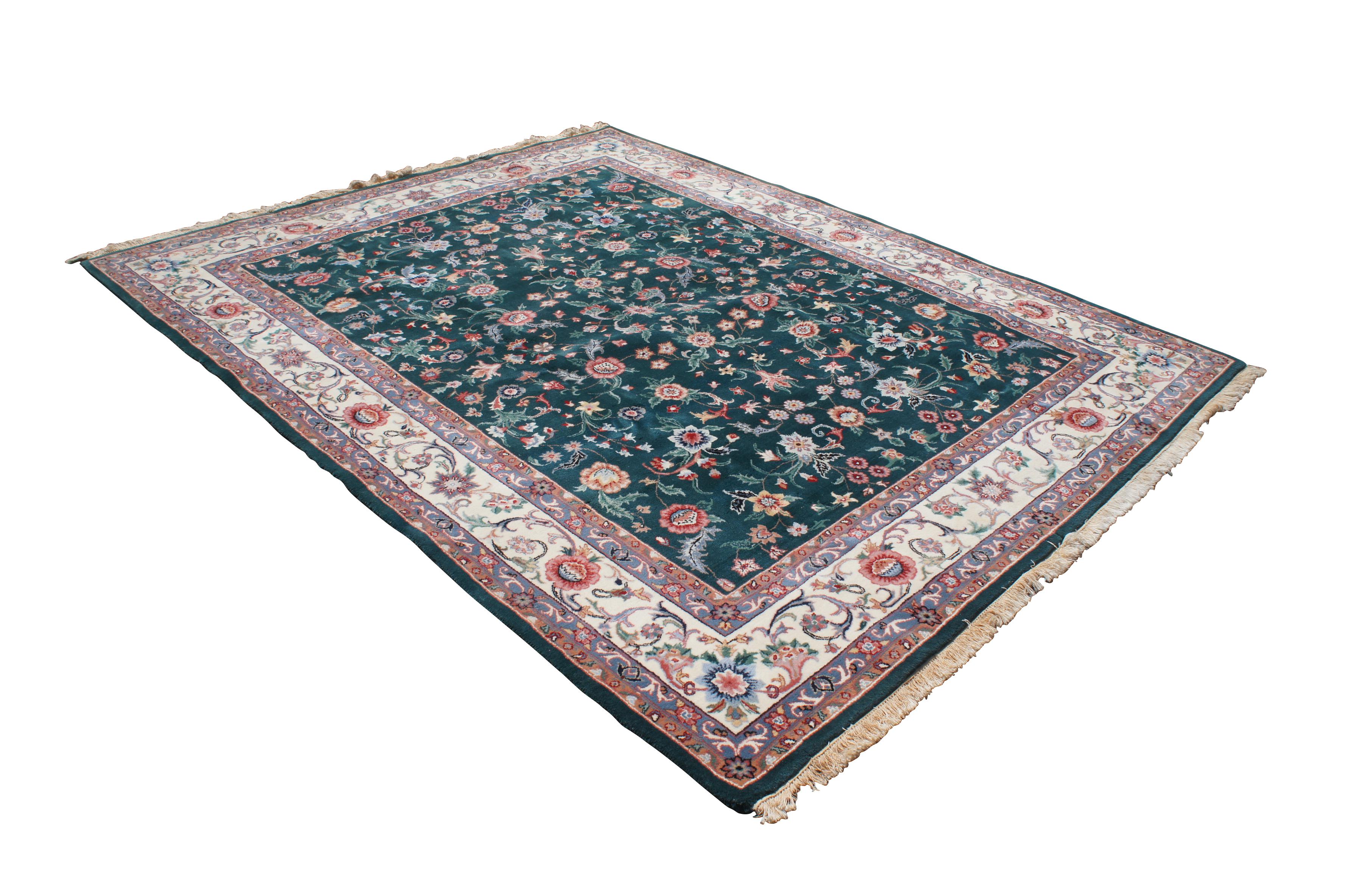Hand Knotted Persian Sino Tabriz Teal & Beige Floral Carpet Area Rug 8' x 10' In Good Condition In Dayton, OH