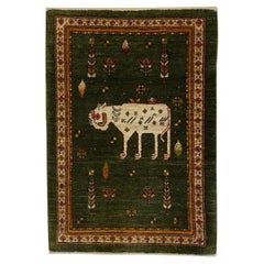 Tapis vintage en laine persane avec motifs d'animaux stylisés, vert et ivoire, 2x3