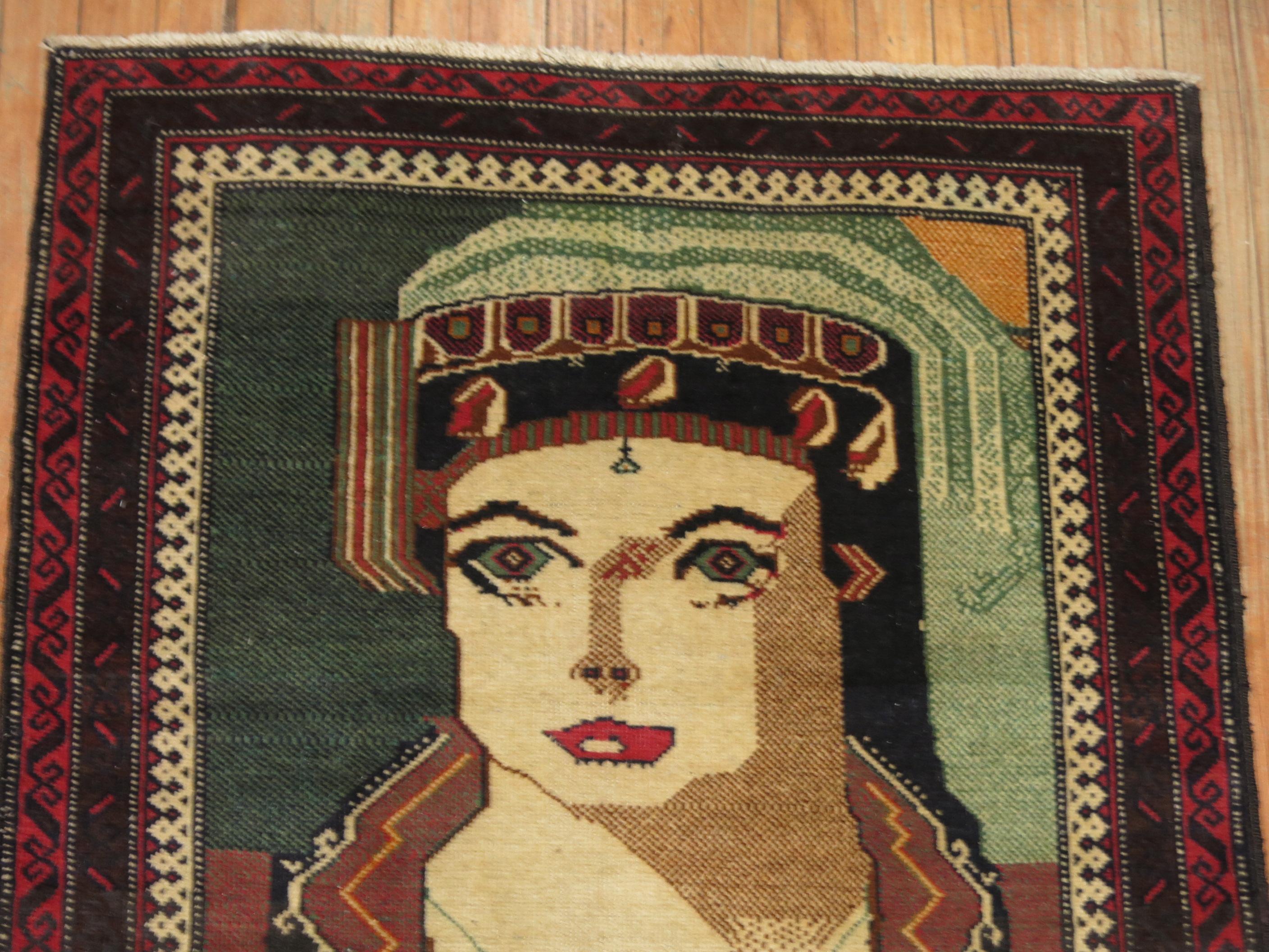 A third quarter one of a kind 20th century Tribal Persian rug depicting what looks to be the king of pop, the late Michael Jackson. It looks like him at least or maybe it’s just a Persian emperor? Use your imagination!

Measures: 2'10