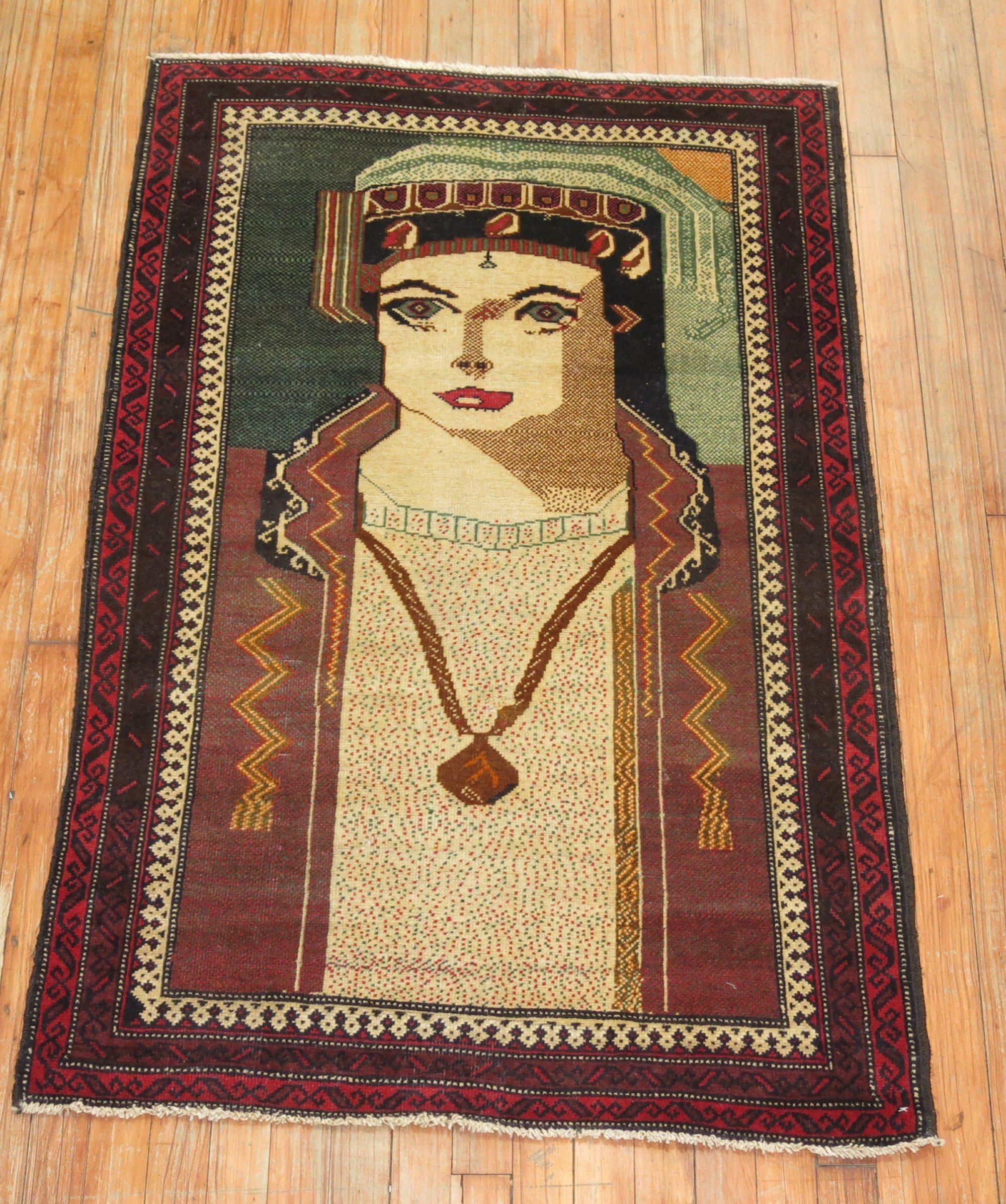 20th Century Hand Knotted Pictorial King of Pop Vintage Wool Persian Balouch Throw Rug
