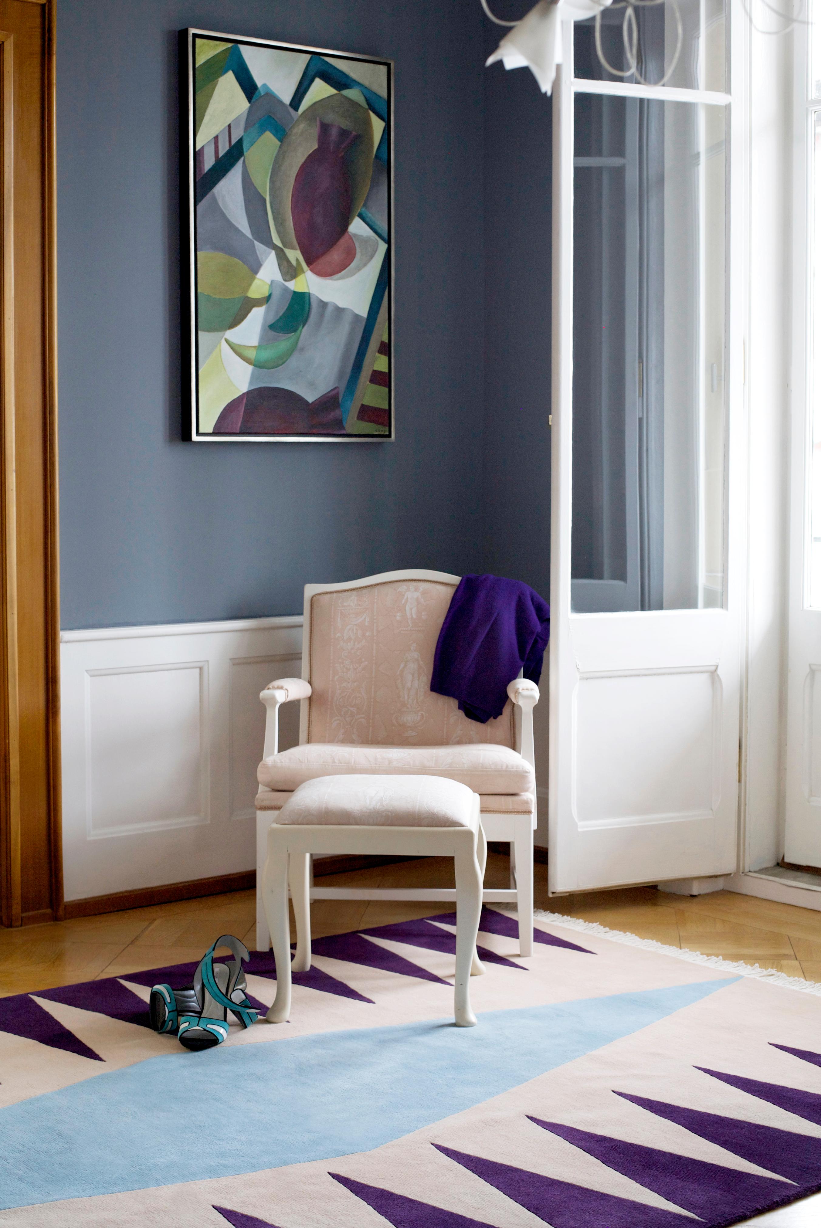 Indian  Rug Interior Blue - Modern Geometrical Violet Purple Pale Coral Wool Carpets  For Sale
