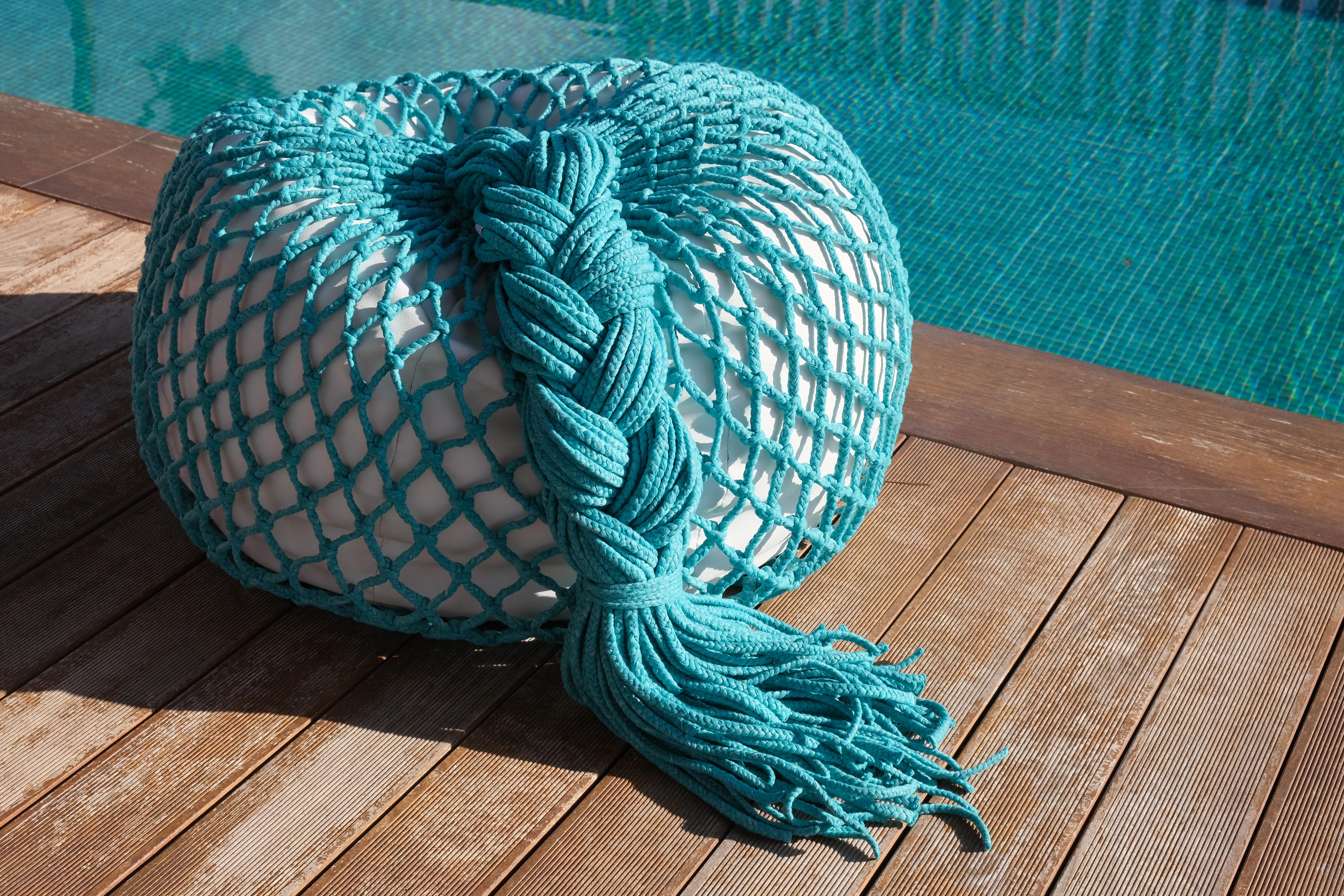 Contemporary Hand-knotted Pouf - TRAP Aqua Big For Sale