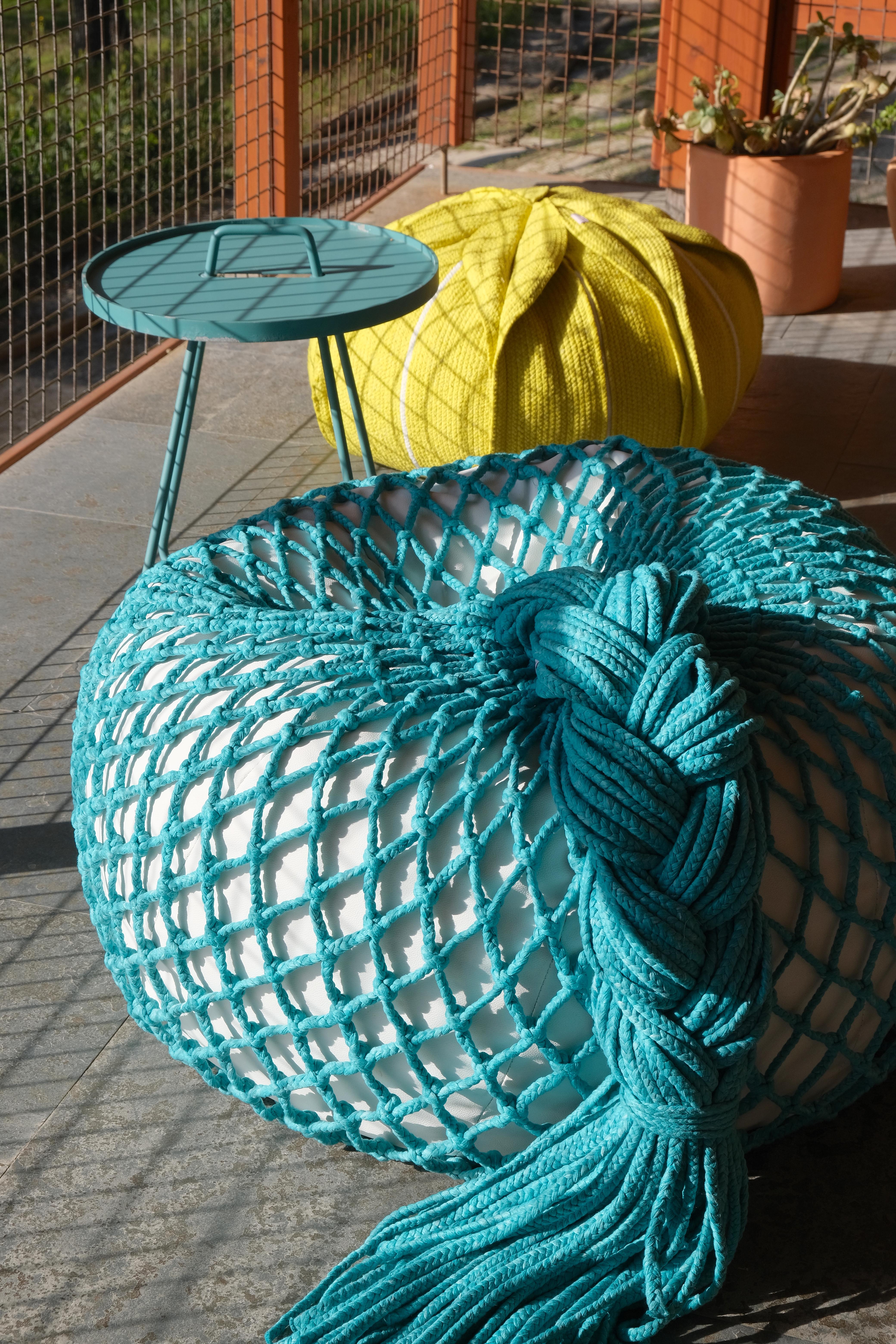 Polyester Hand-knotted Pouf - TRAP Aqua Big For Sale