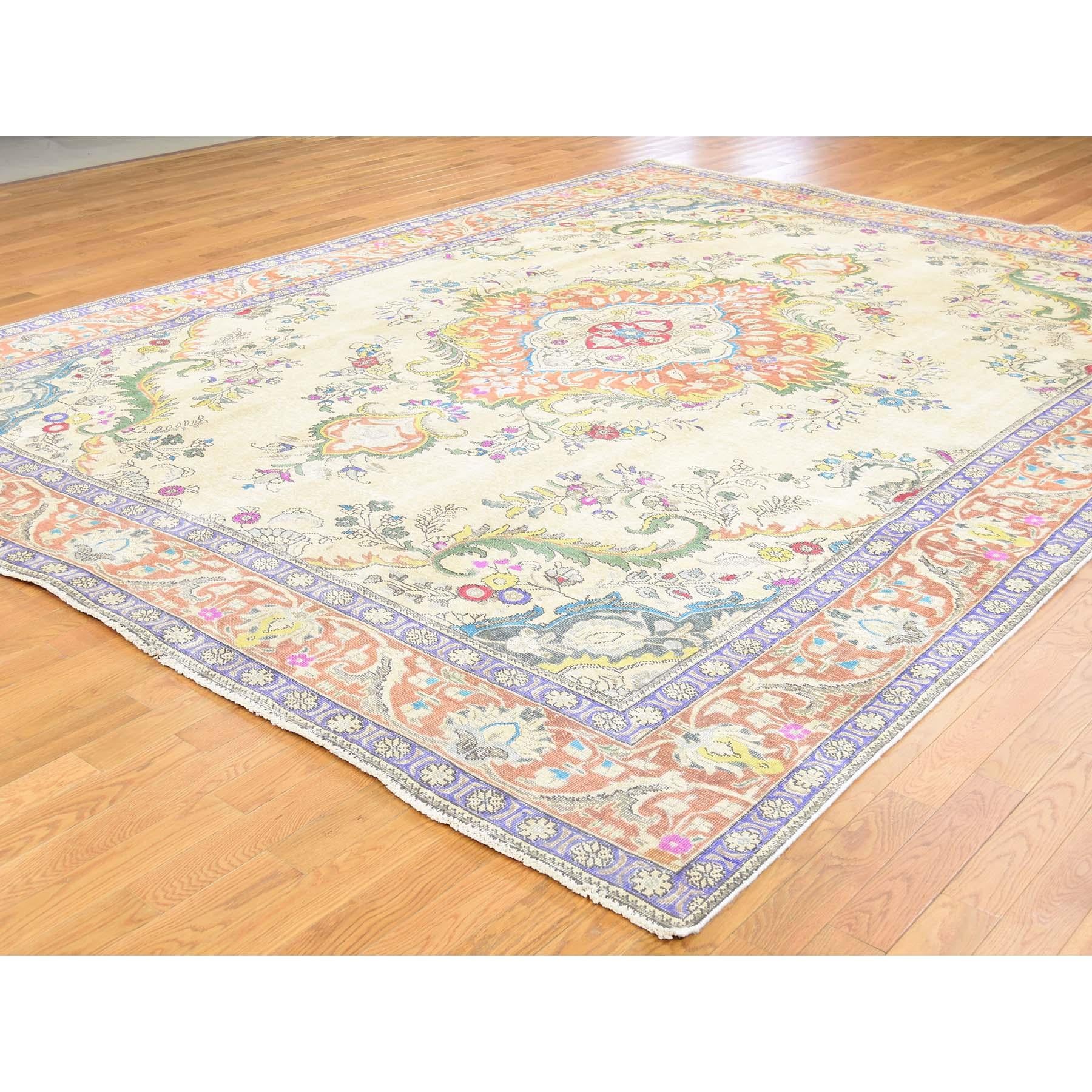 Hand-Knotted Hand Knotted Pure Wool Painted Vintage Tabriz Oriental Rug