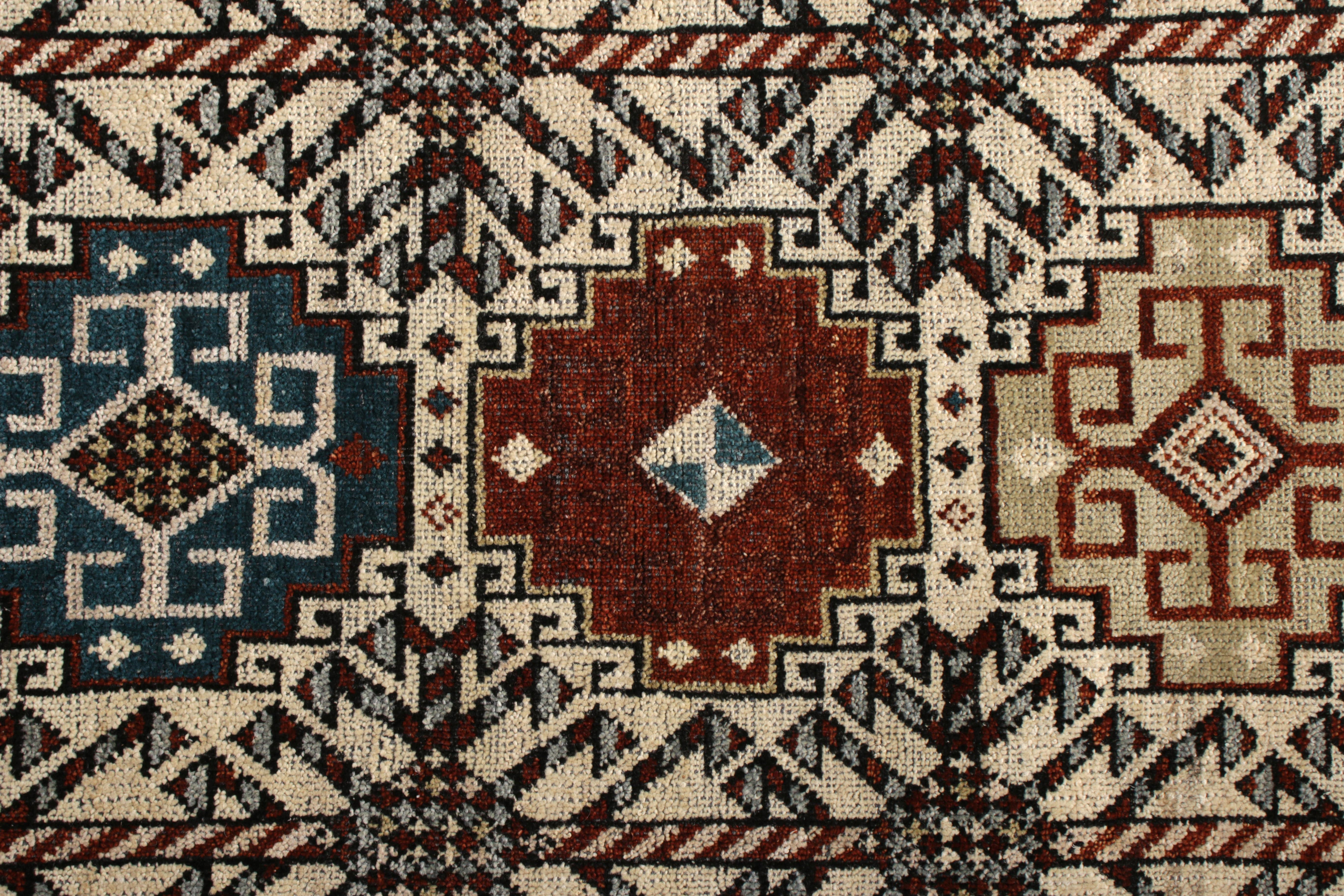 Indian Rug & Kilim's Hand Knotted Qashqai Style Rug in Beige Red Geometric Pattern