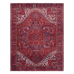 Hand Knotted Red Persian Heriz Clean and Beautiful Old Low To The Pile Wool Rug