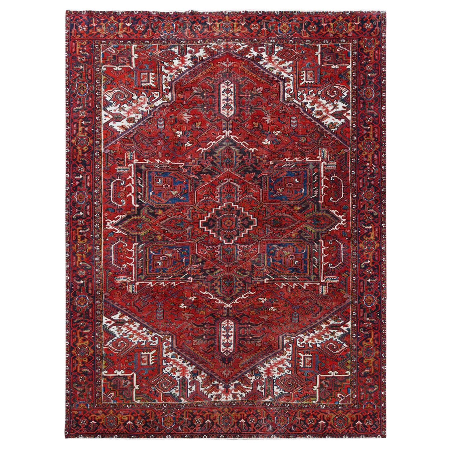 Hand Knotted Red Persian Heriz Old Sheared Low Natural Wool Oriental Rug