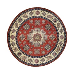 Hand Knotted Red Special Kazak Geometric Design Round Rug