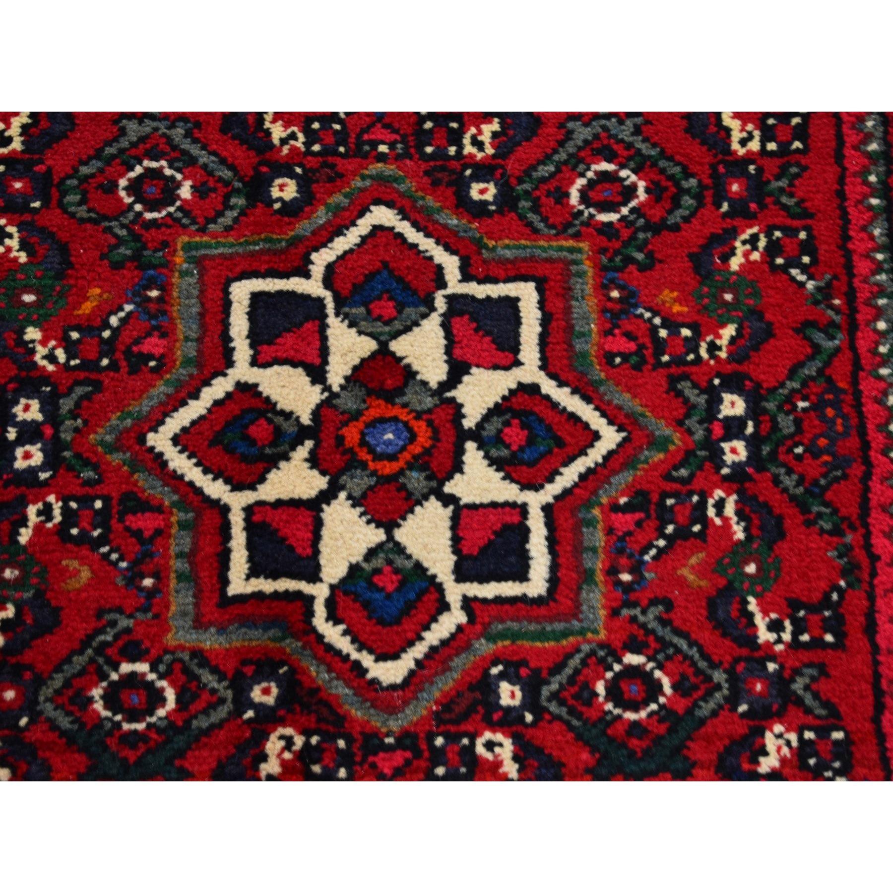 Medieval Hand Knotted Red Vintage Persian Hamadan Hussainabad Natural Wool Runner Rug For Sale