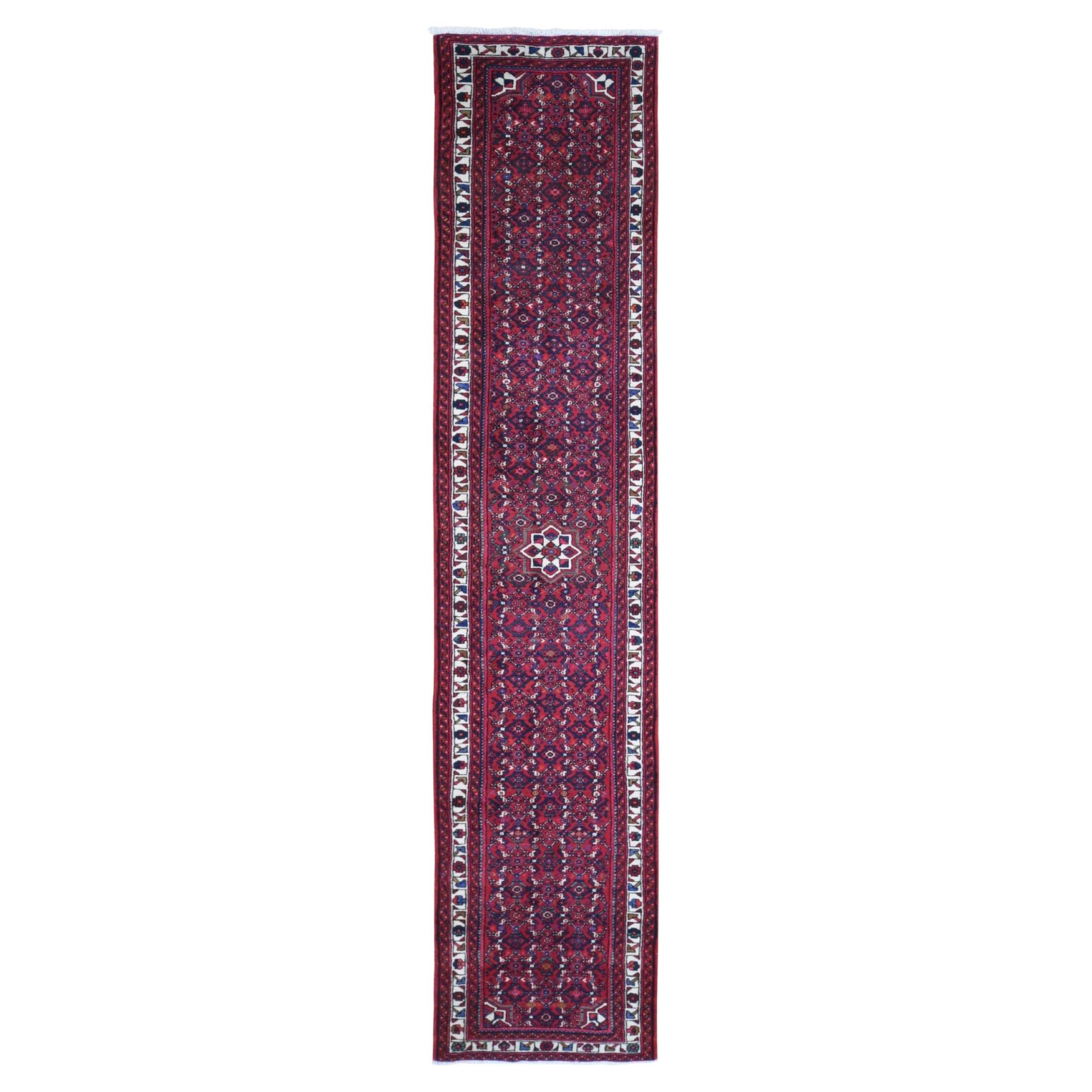 Hand Knotted Red Vintage Persian Hamadan Hussainabad Natural Wool Runner Rug