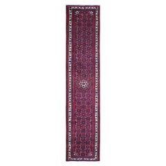 Hand Knotted Red Vintage Persian Hamadan Hussainabad Natural Wool Runner Rug