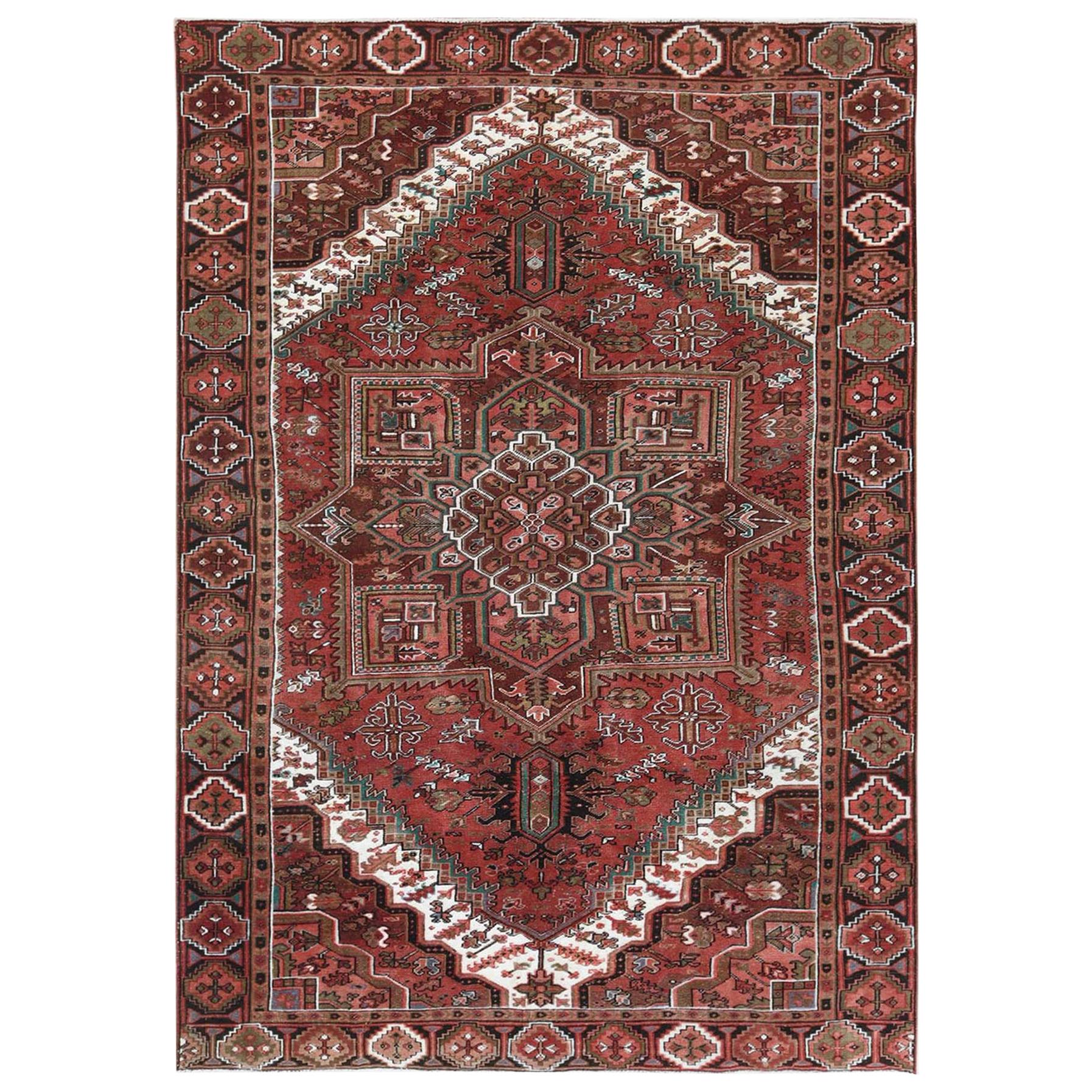 Hand Knotted Red Vintage Persian Heriz Clean Oriental Rug