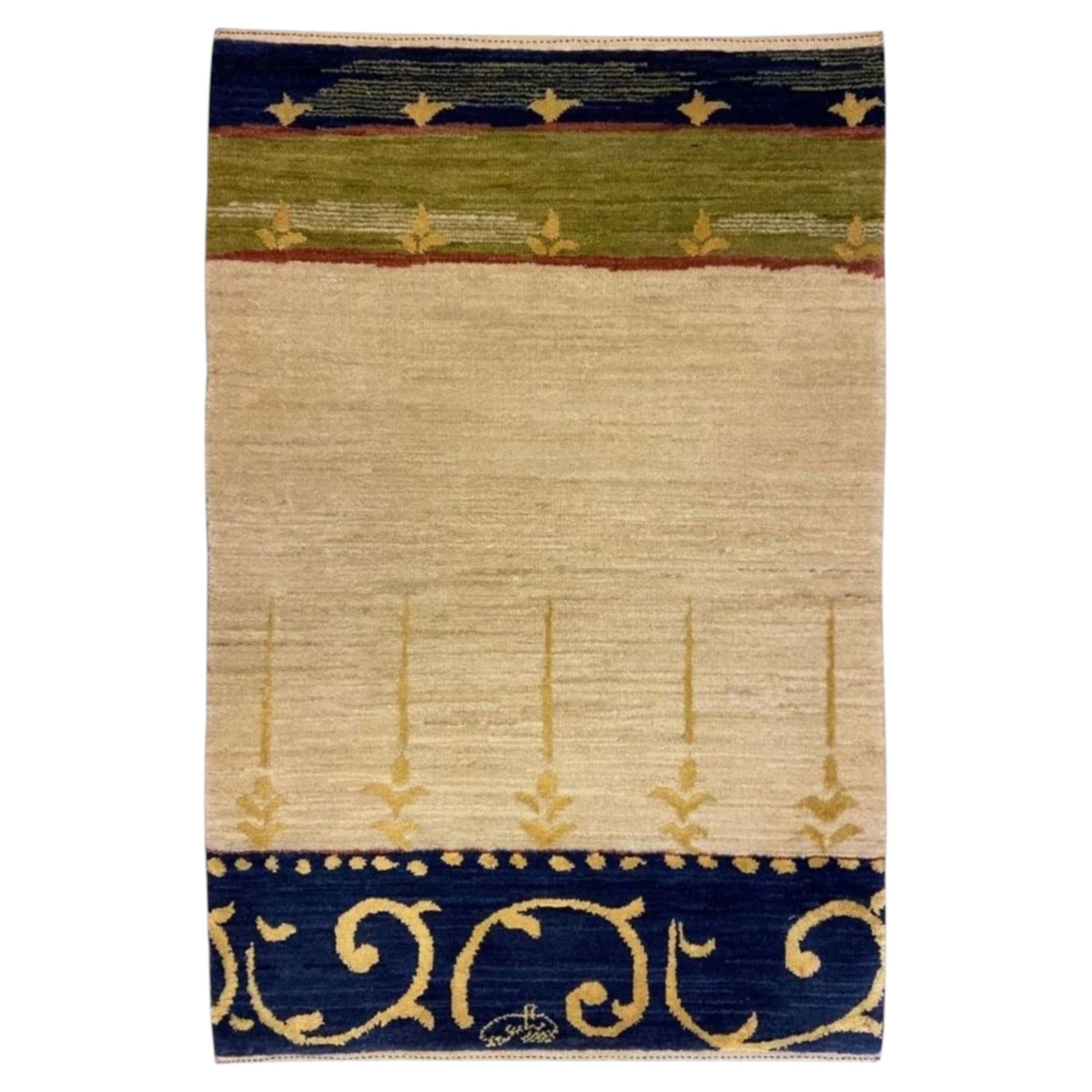 Hand-Knotted Regal Art Deco Wool Rug in Ivory, Blue, Green, and Gold, 2x3 For Sale