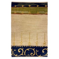 The Artful Green Green Rugs, noué à la main, en laine ivoire, bleu, vert et or, 2x3