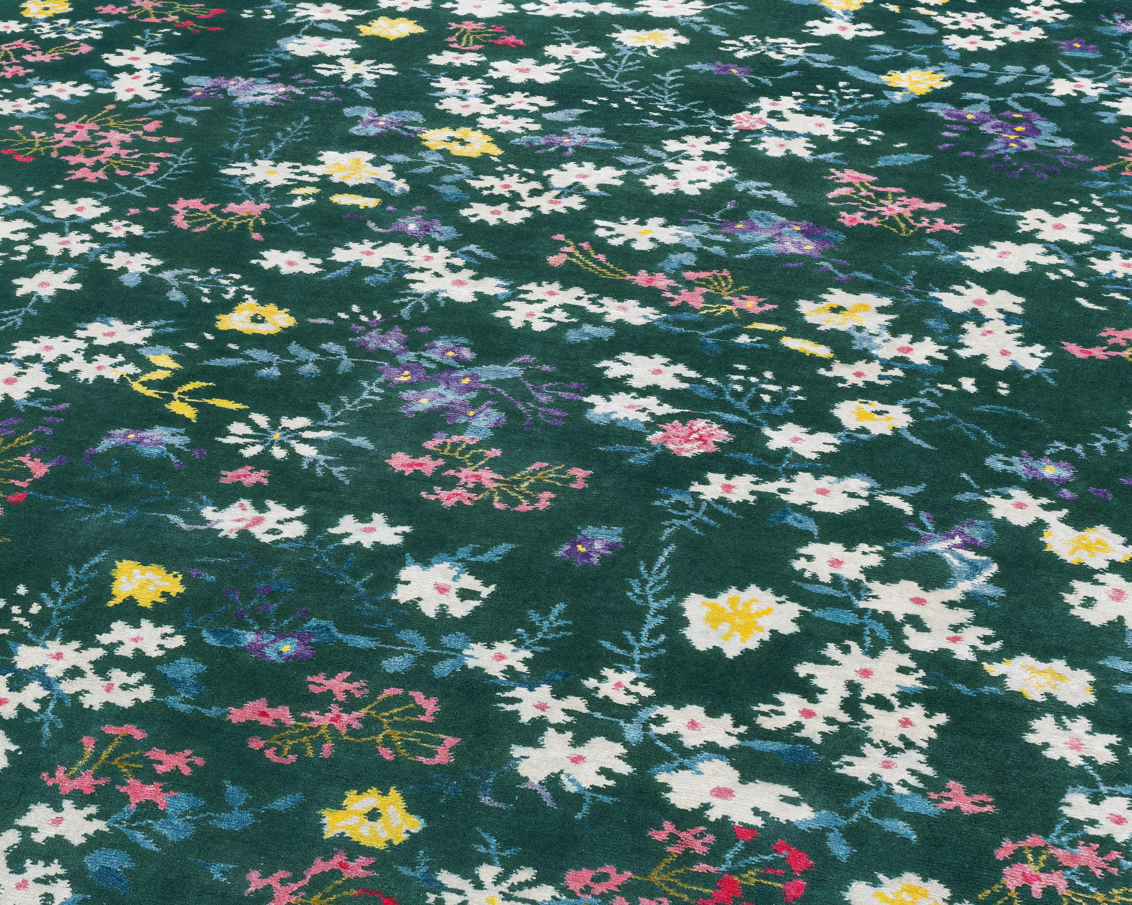 Nepalese 21st Century Carpet Rug Chloé in Himalayan Wool and Silk, Flowers