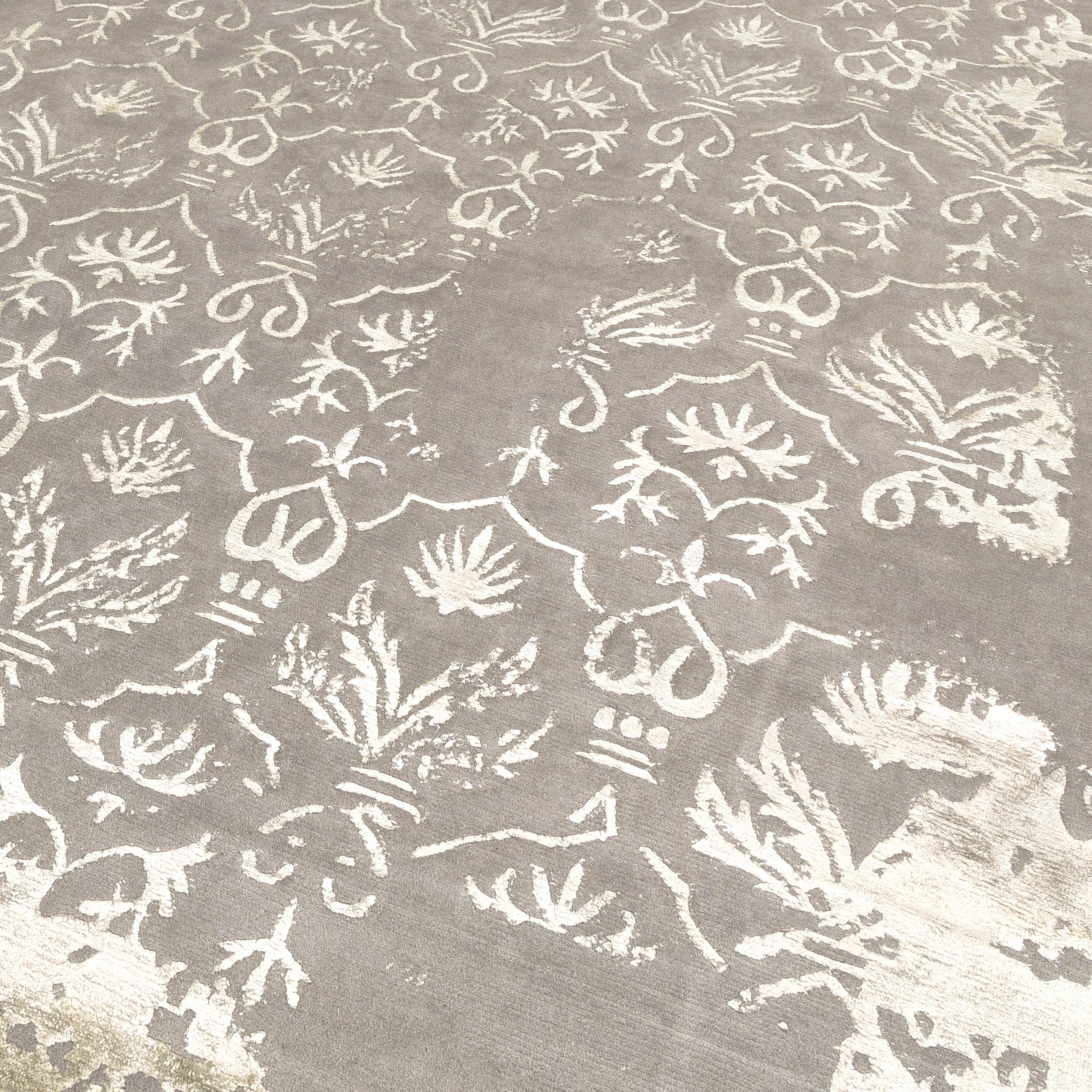21st Century Carpet Rug Damask V1 aus Himalaya-Wolle und Seide Grau (Nepalesisch) im Angebot