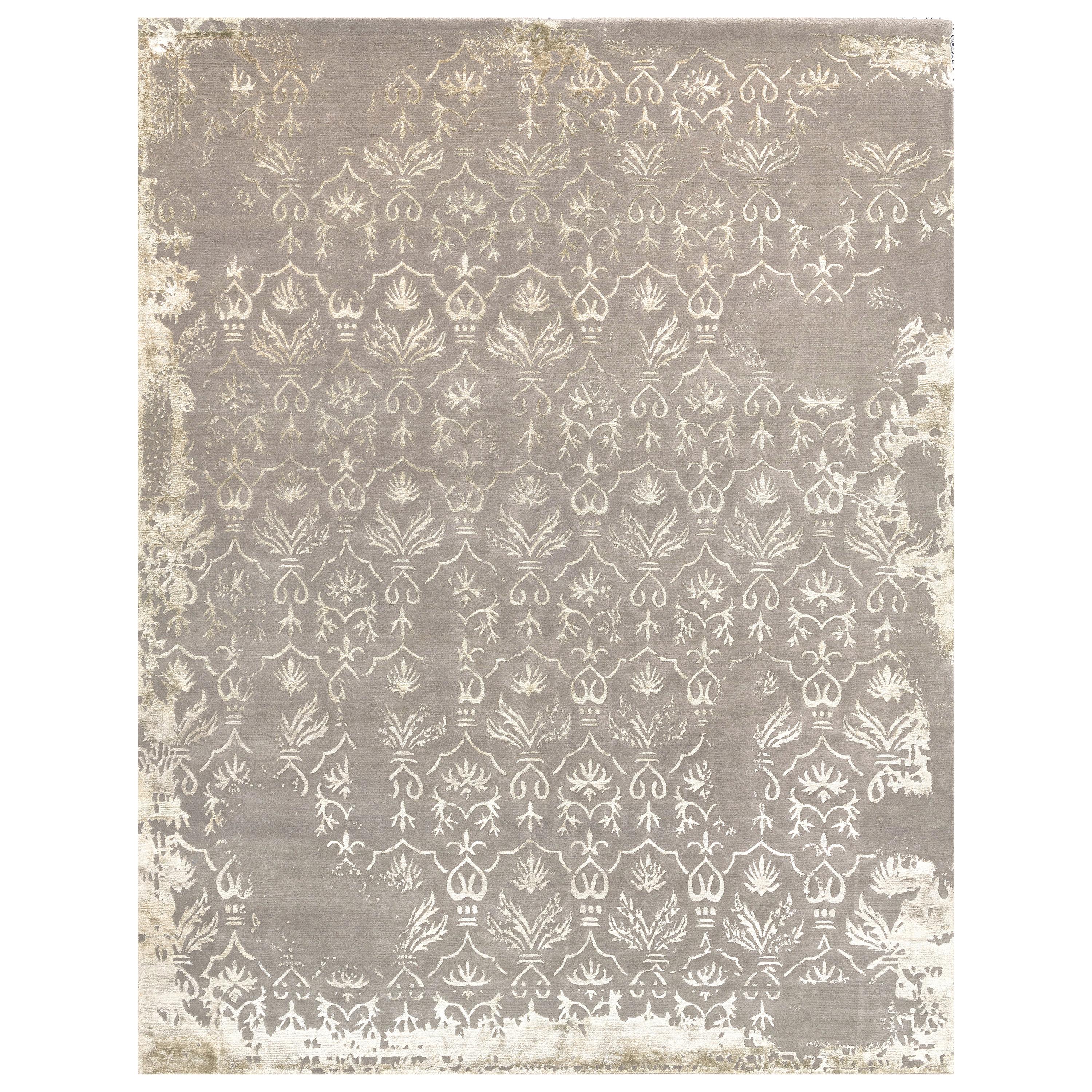 21st Century Carpet Rug Damask V1 in Himalayan Wool and Silk Gray For Sale