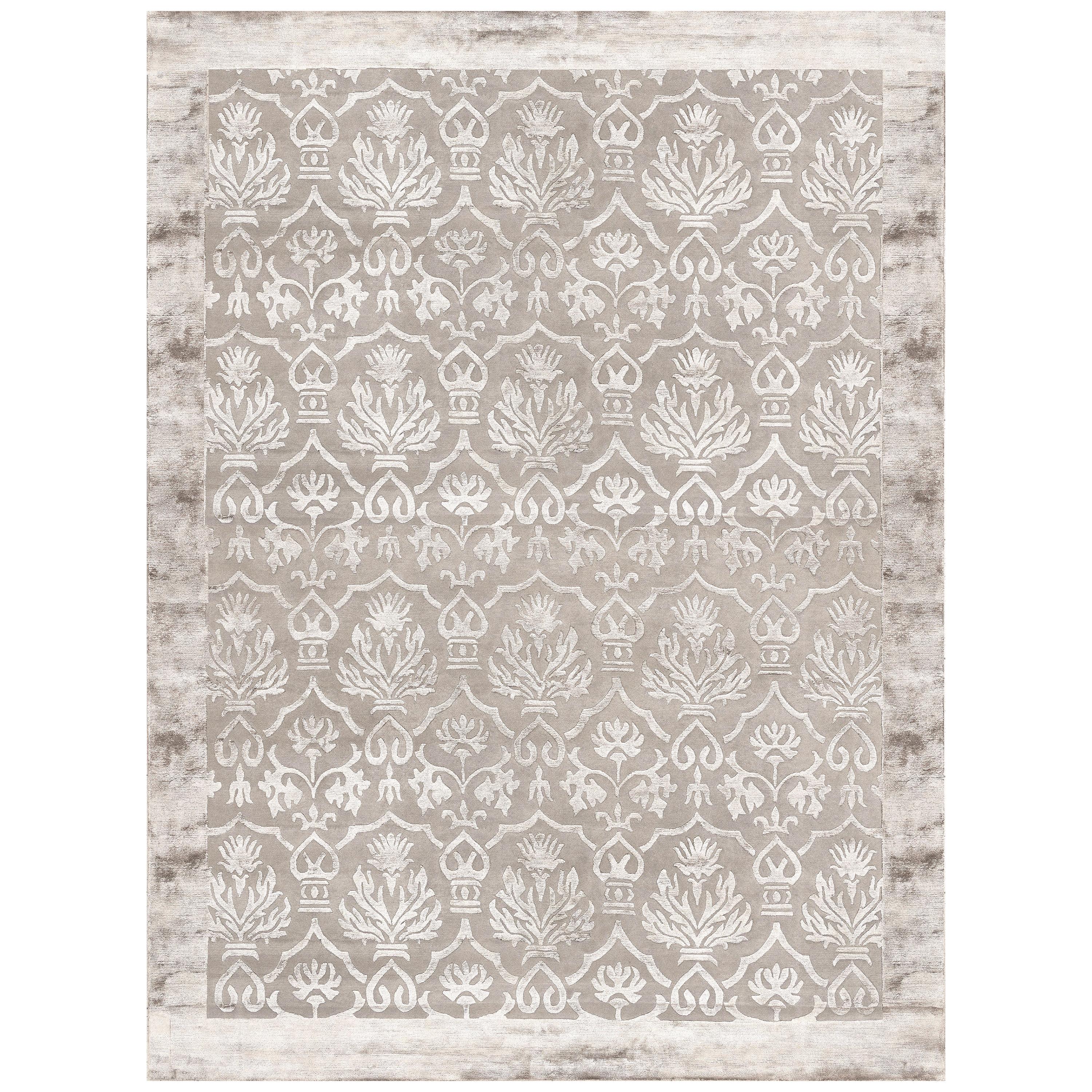21st Century Carpet Rug Damask in Himalayan Wool and Silk Gray For Sale