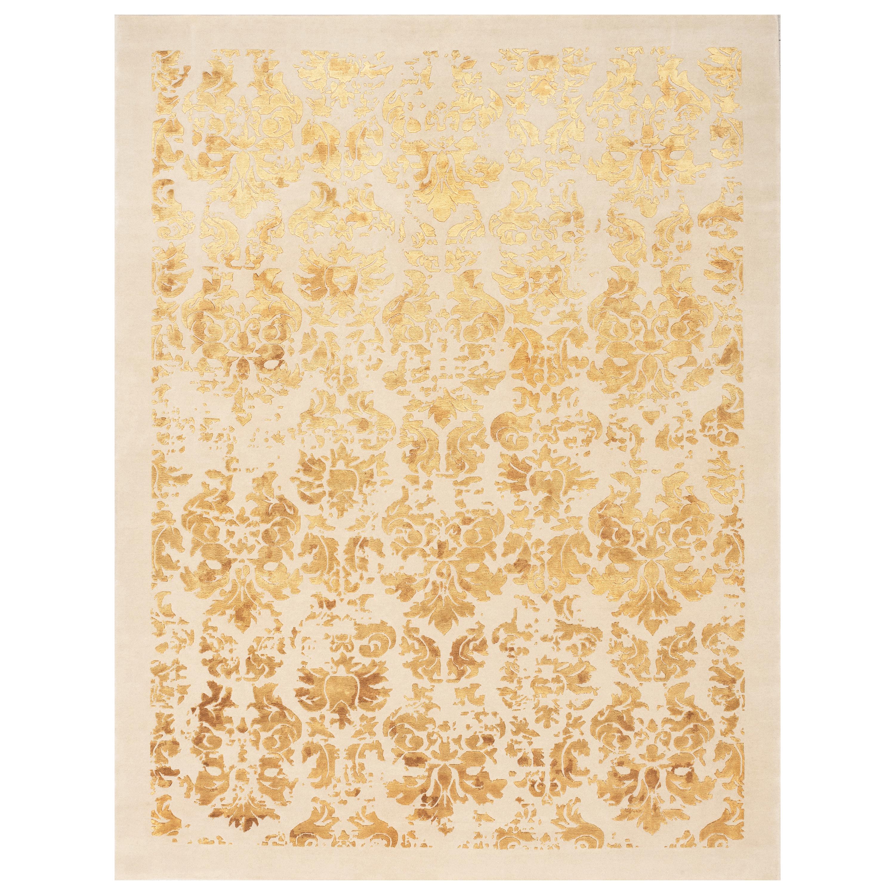 21st Century Carpet Rug Dumas in Himalayan Wool and Silk Beige, Ivory, Goldish