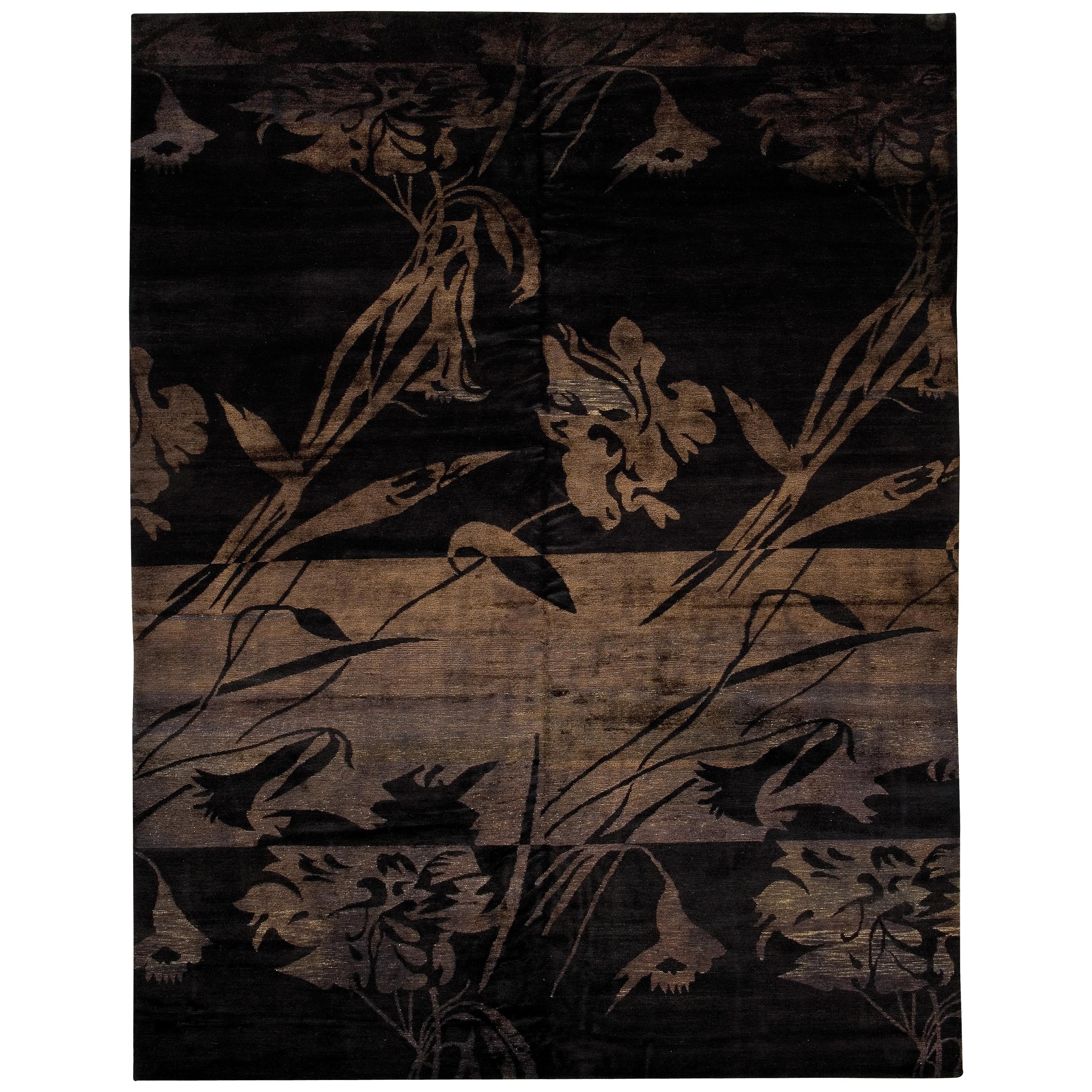 21st Century Carpet Rug Flamengo in Himalayan Wool and Silk Black, Brown