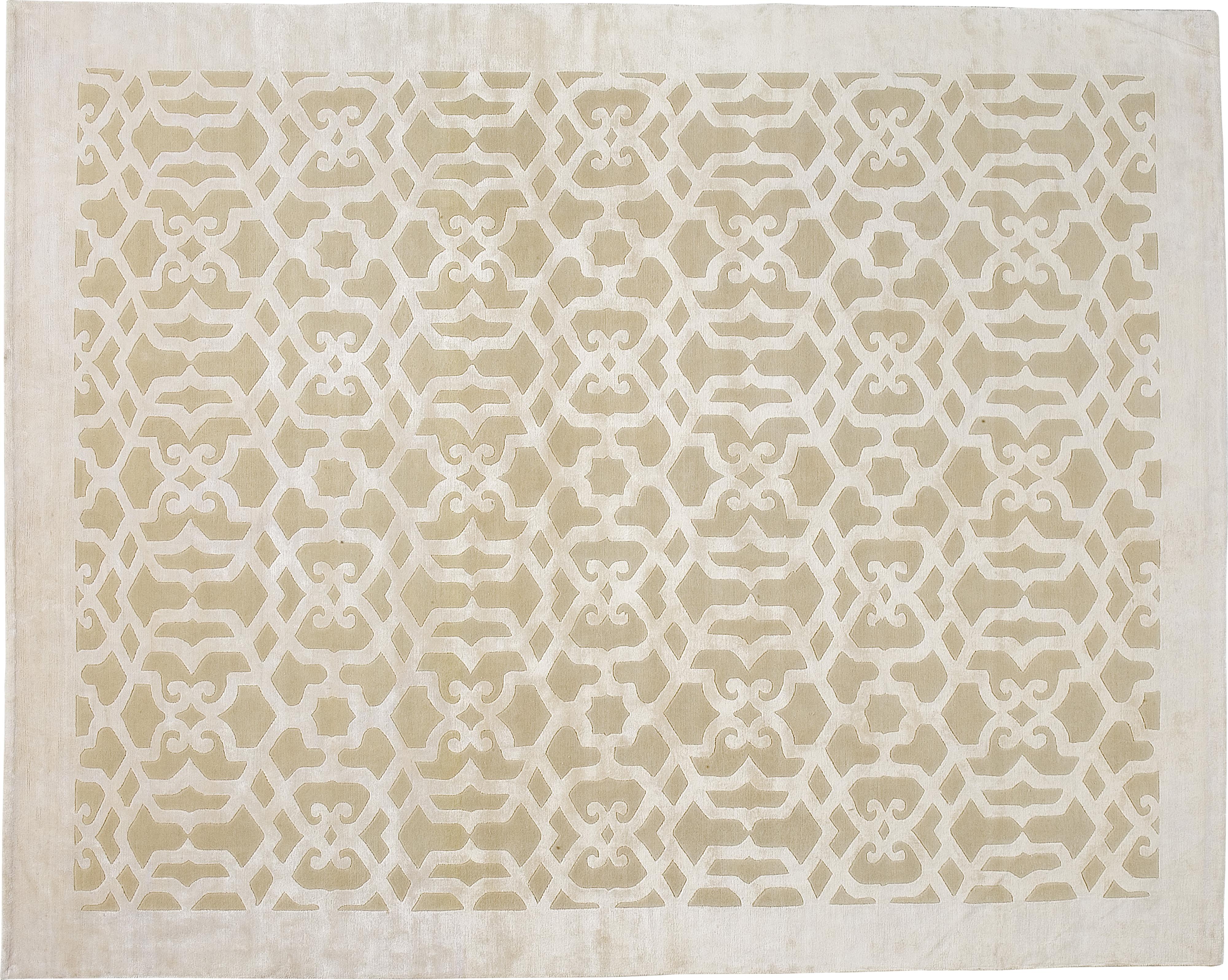 Hand-Knotted 21st Century Carpet Rug Granada in Himalayan Wool and Silk Beige, Ivory