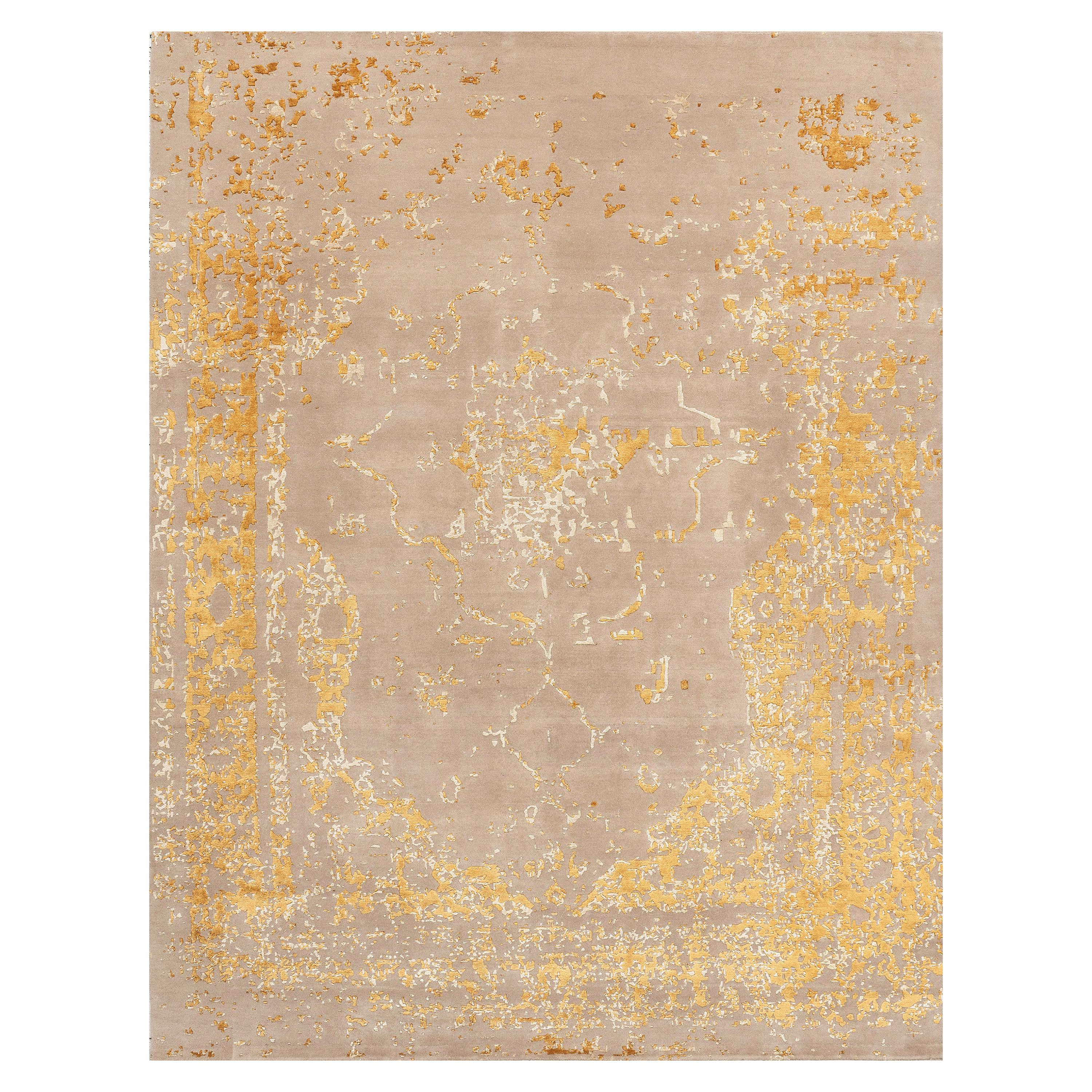 21st Century Carpet Rug Layla in Himalayan Wool and Silk Beige, Gold For Sale