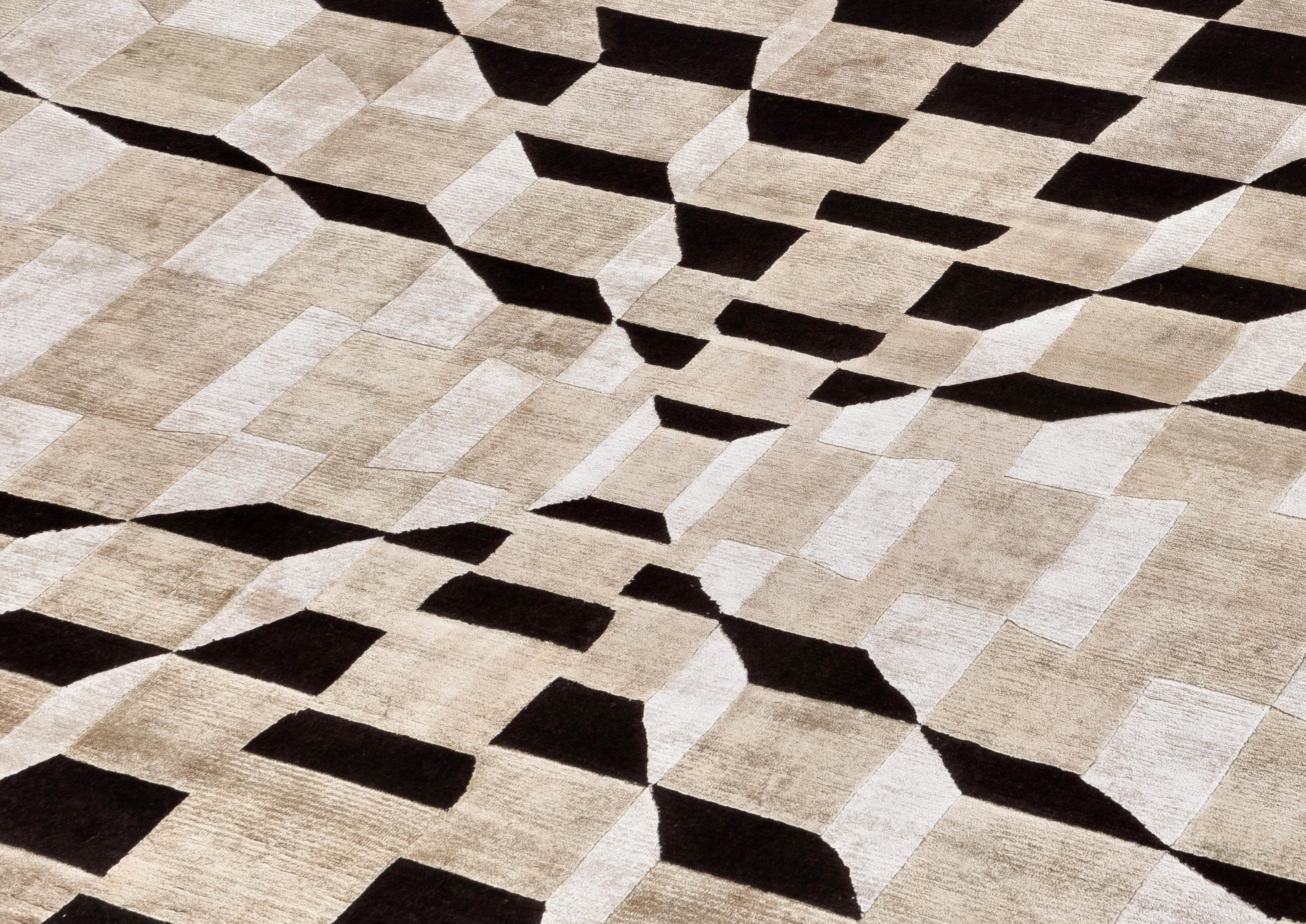 21st Century Carpet Rug Matrix aus Himalaya-Wolle und Seide Schwarz:: Beige (Handgeknüpft) im Angebot