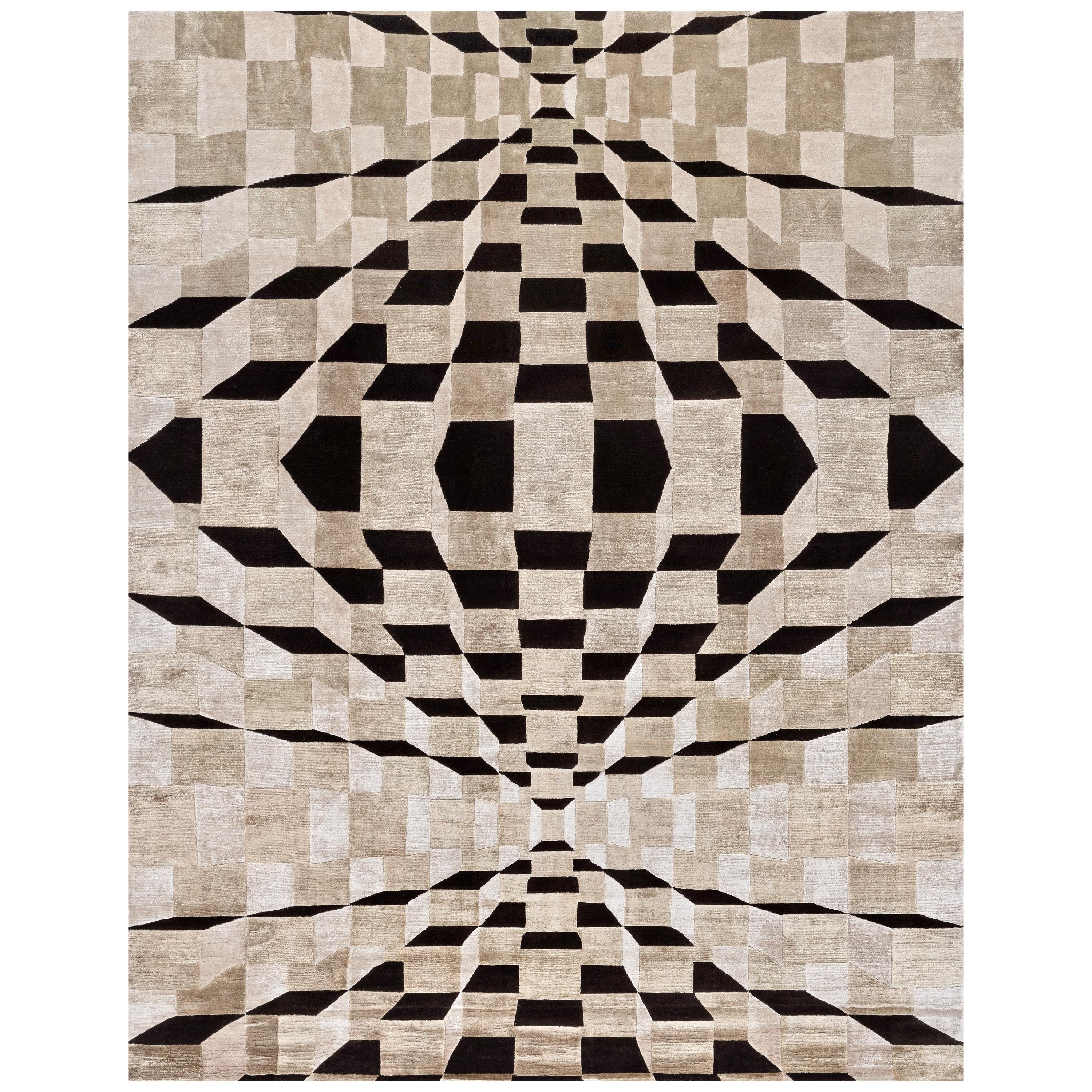 21st Century Carpet Rug Matrix in Himalayan Wool and Silk Black, Beige For Sale