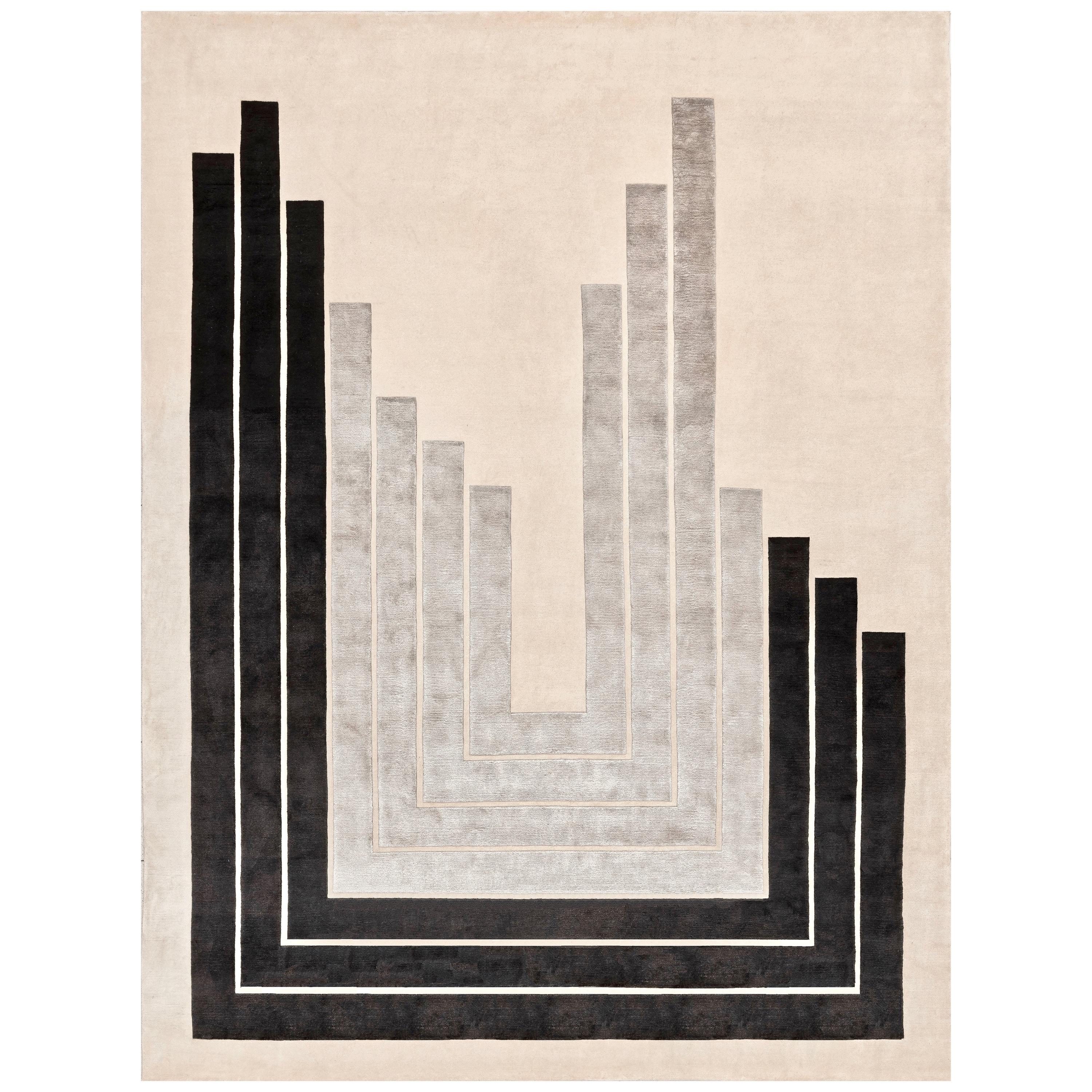 21st Century Carpet Rug Otto in Himalayan Wool and Silk Black, Gray, Beige