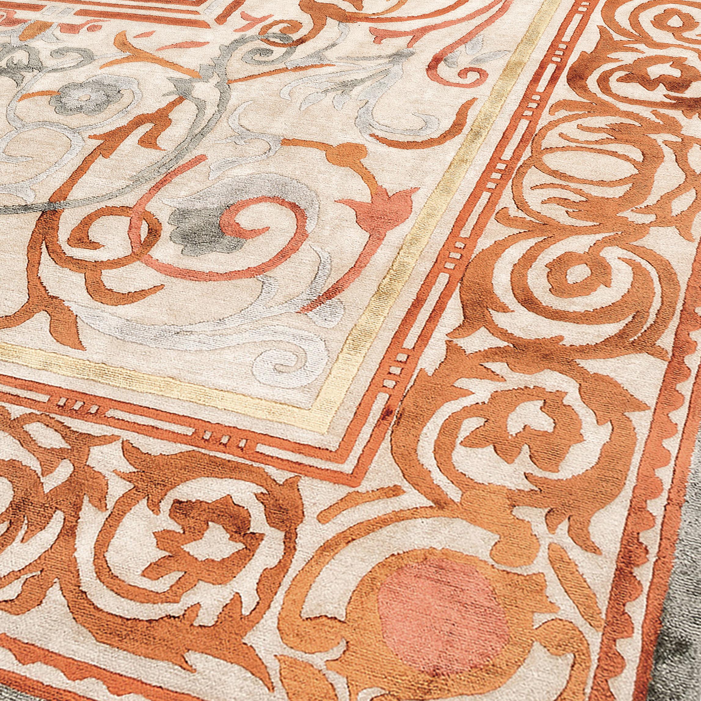 Alfombra del Siglo XXI Richelieu de Lana del Himalaya y Seda Gris, Terracota Anudado a mano en venta