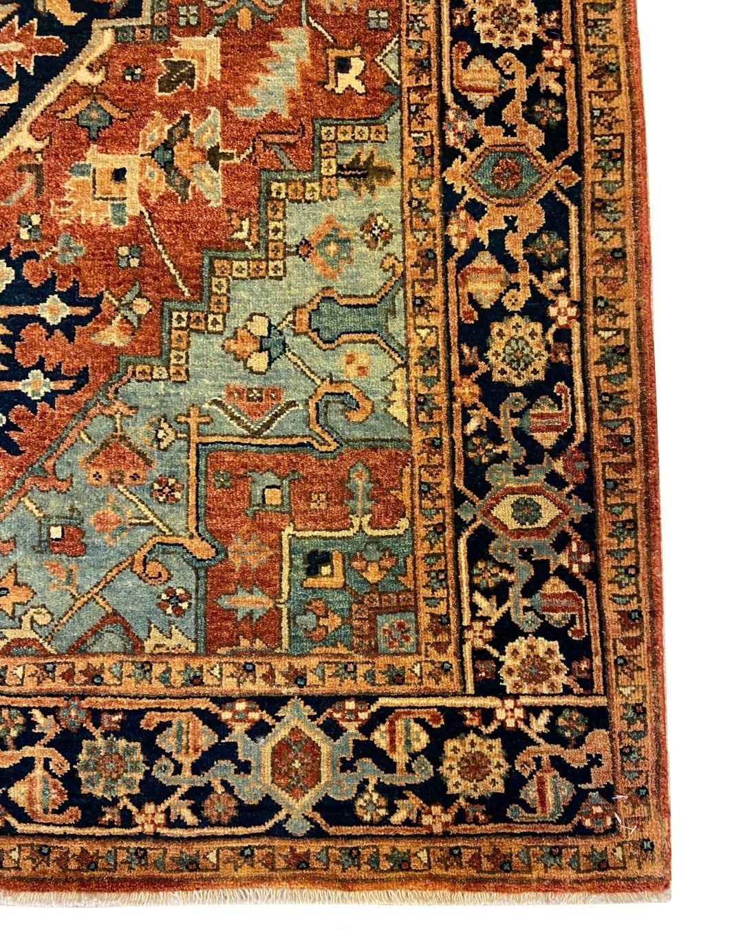 Handgeknüpft Rost und Blau Wolle Stammes-Teppich mit geometrischen Medaillon, 4' x 6' (Stammeskunst) im Angebot