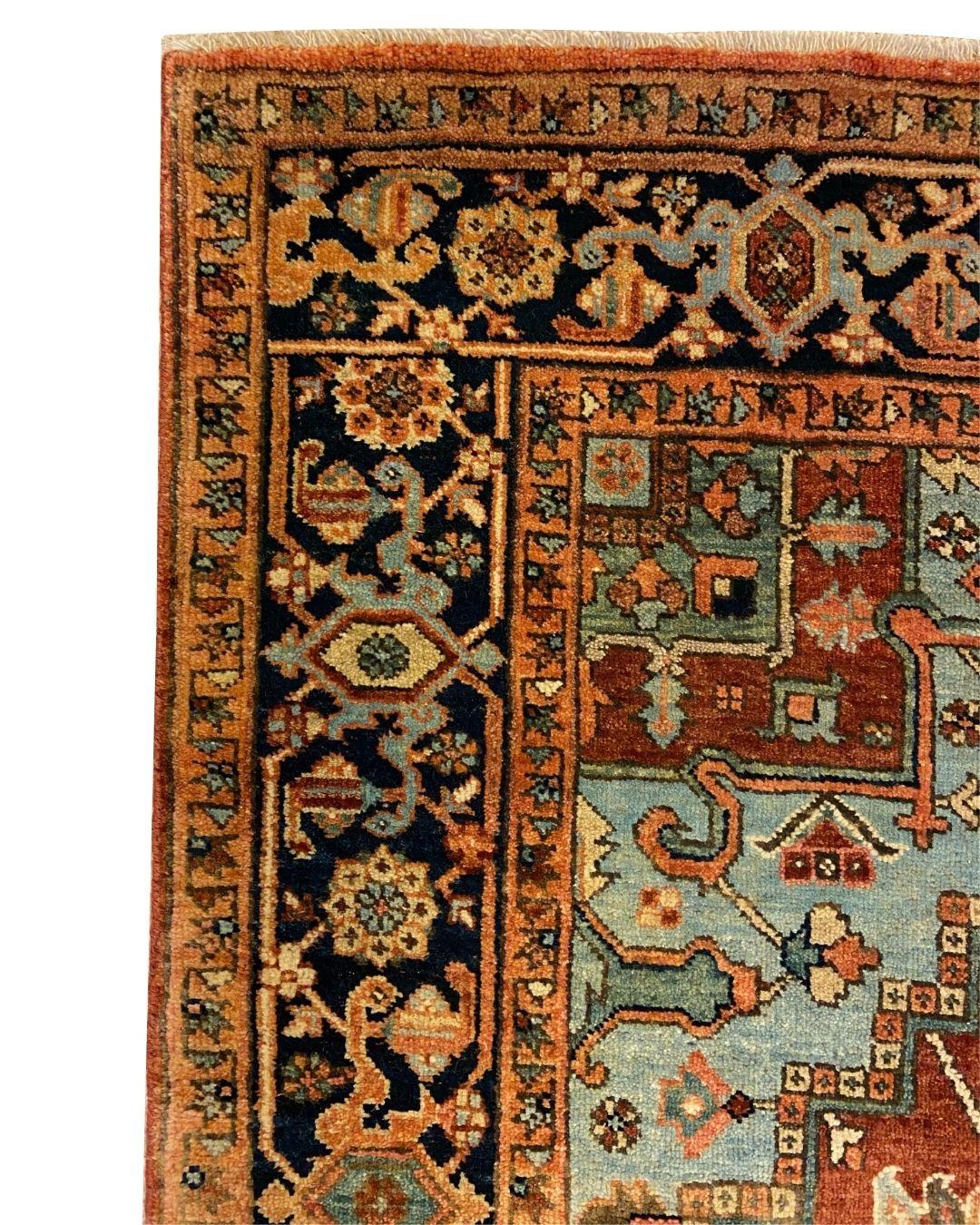 Handgeknüpft Rost und Blau Wolle Stammes-Teppich mit geometrischen Medaillon, 4' x 6' (Indisch) im Angebot