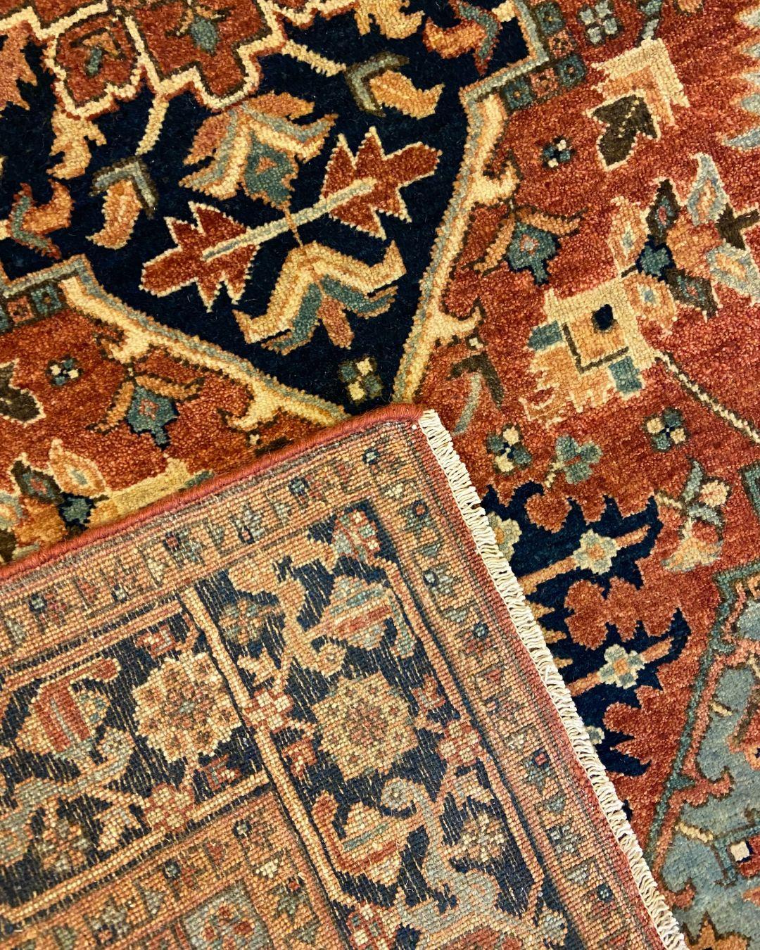 Handgeknüpft Rost und Blau Wolle Stammes-Teppich mit geometrischen Medaillon, 4' x 6' im Angebot 1