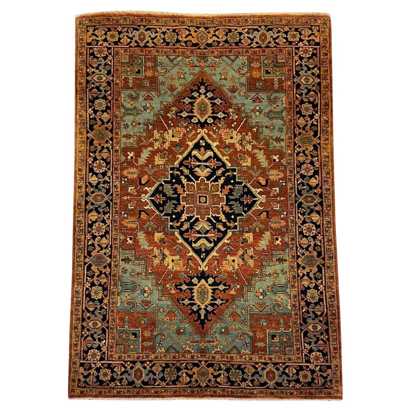 Hand-Knotted Rust and Blue Wool Tribal Rug with Geometric Medallion, 4' x 6'