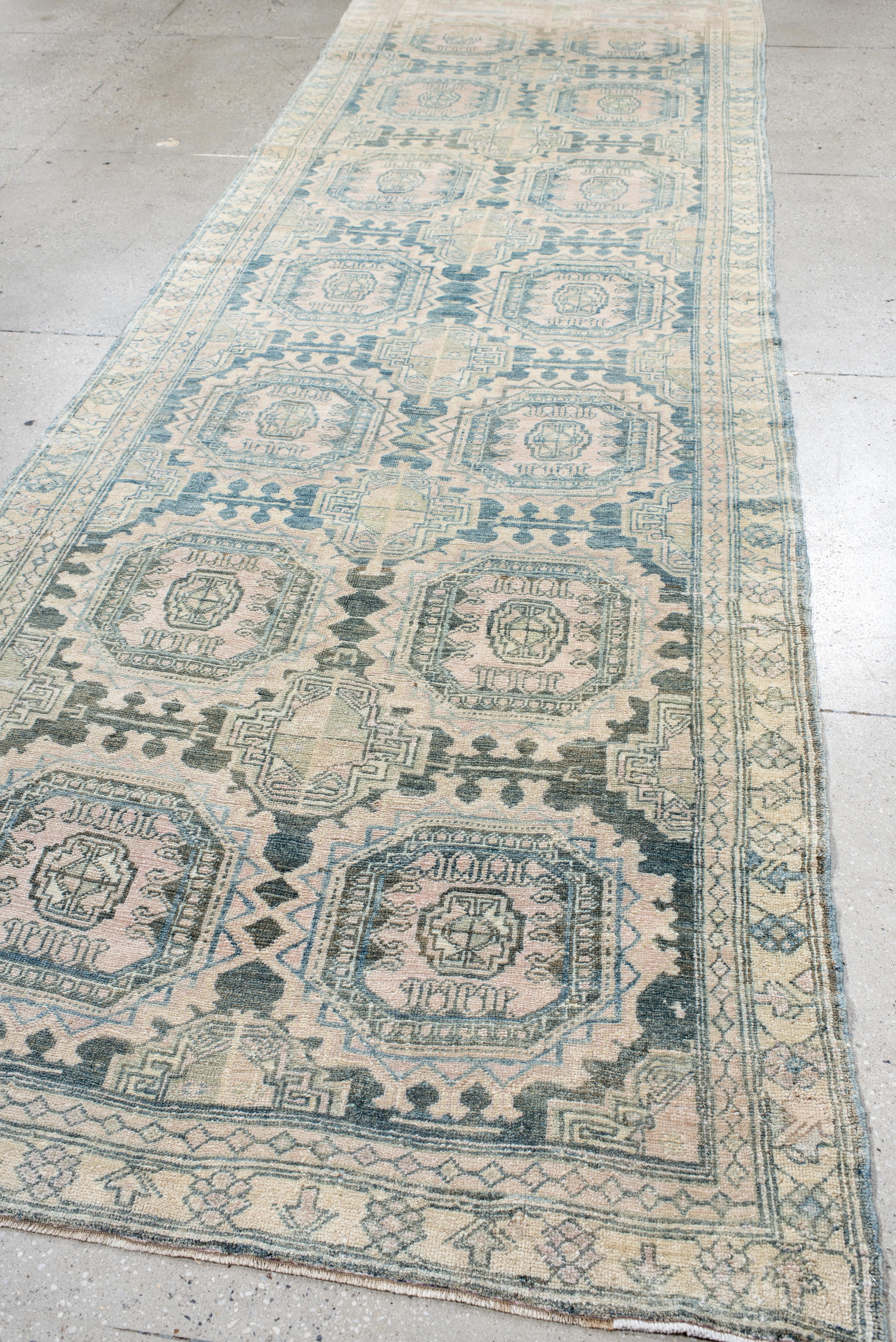 Hand Knotted Sarab Runner with Aqua Octagon Medallions For Sale 1
