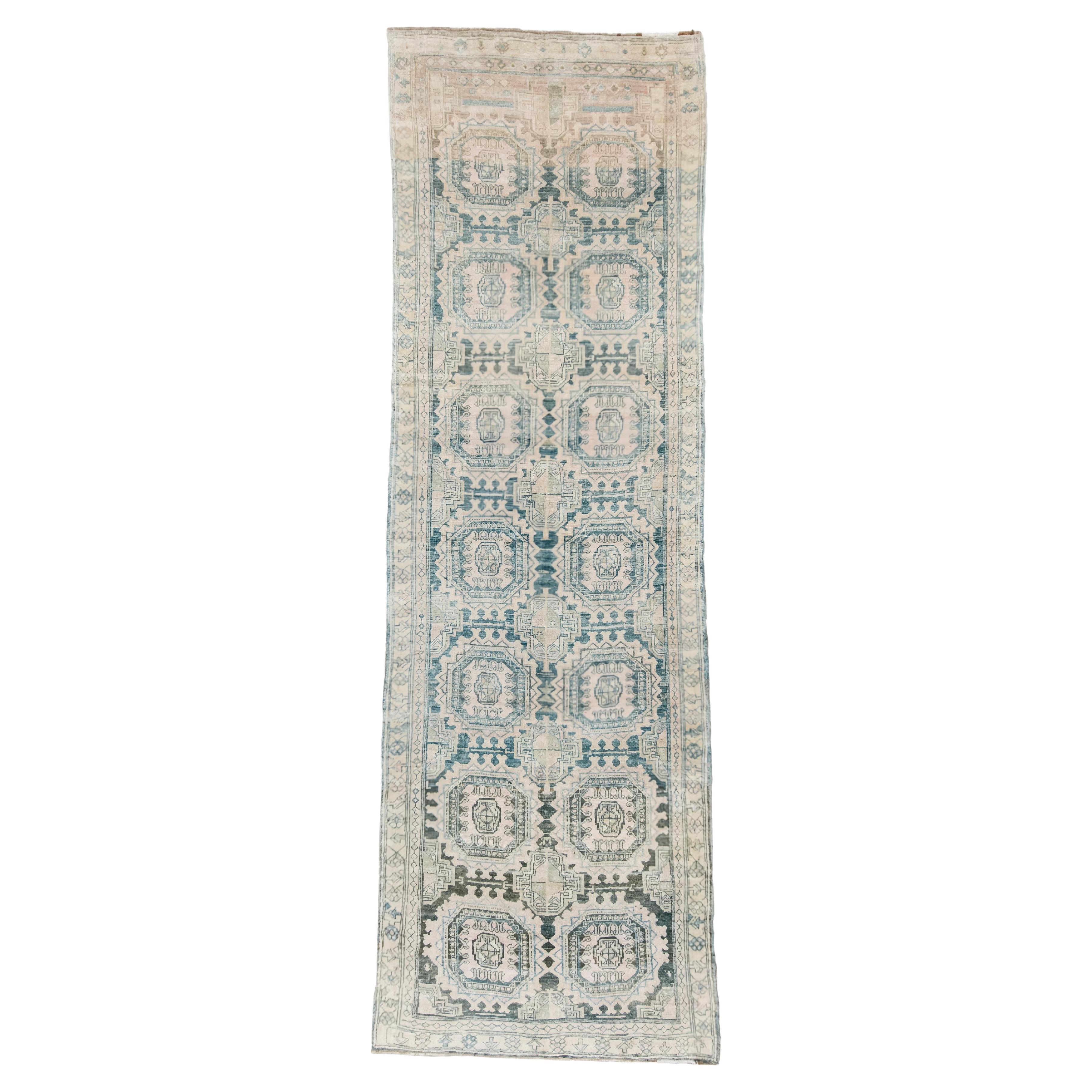 Hand Knotted Sarab Runner with Aqua Octagon Medallions For Sale