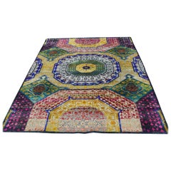 Hand Knotted Sari Silk with Oxidized Wool Mamluk Design Oriental Rug