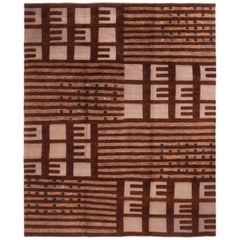 Hand Knotted Scandinavian Style Geometric Beige and Brown Wool Rug