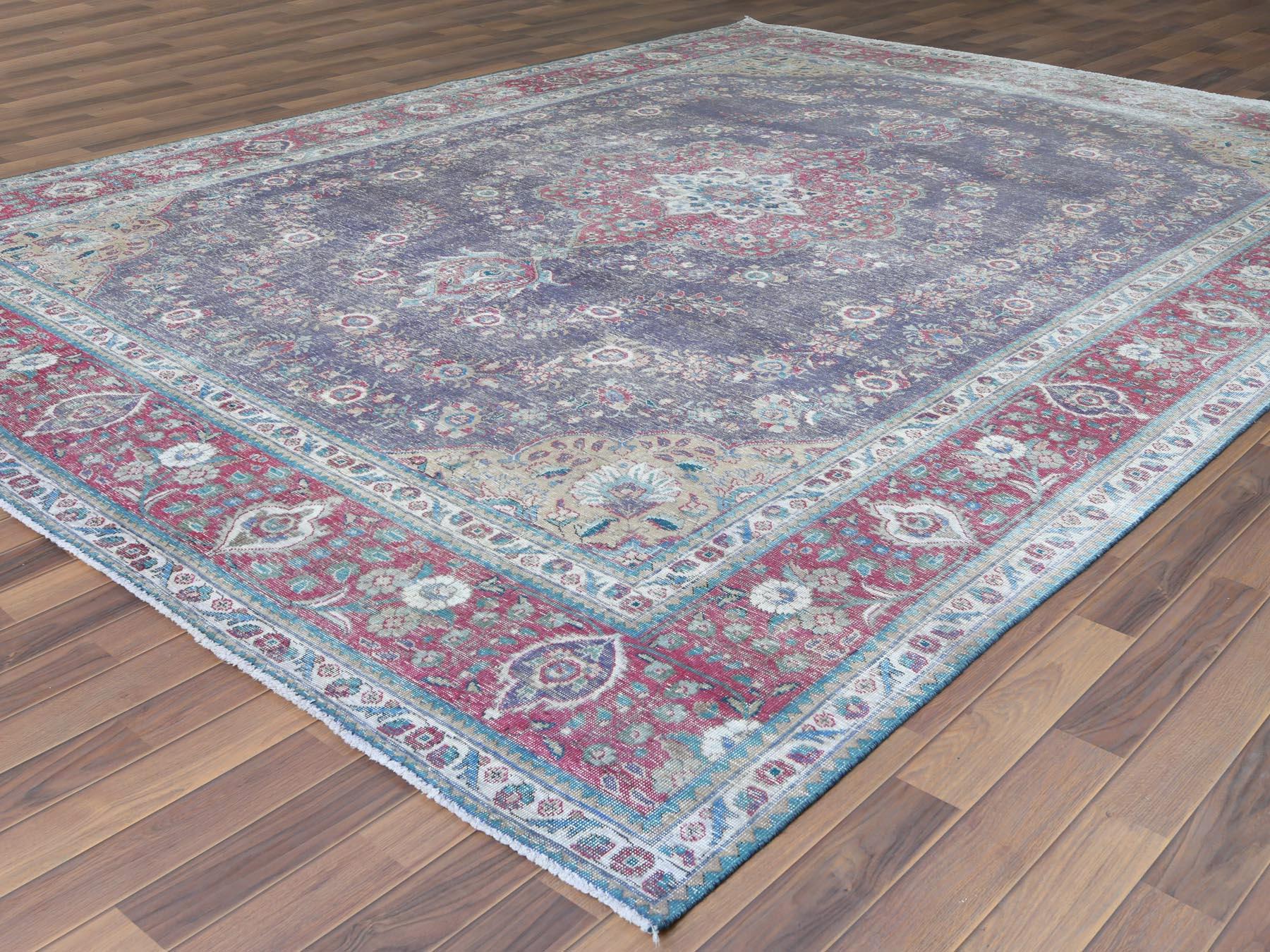 Hand Knotted Semi Antique Navy Blue Persian Tabriz Herbal Wash Natural Wool Rug In Good Condition For Sale In Carlstadt, NJ