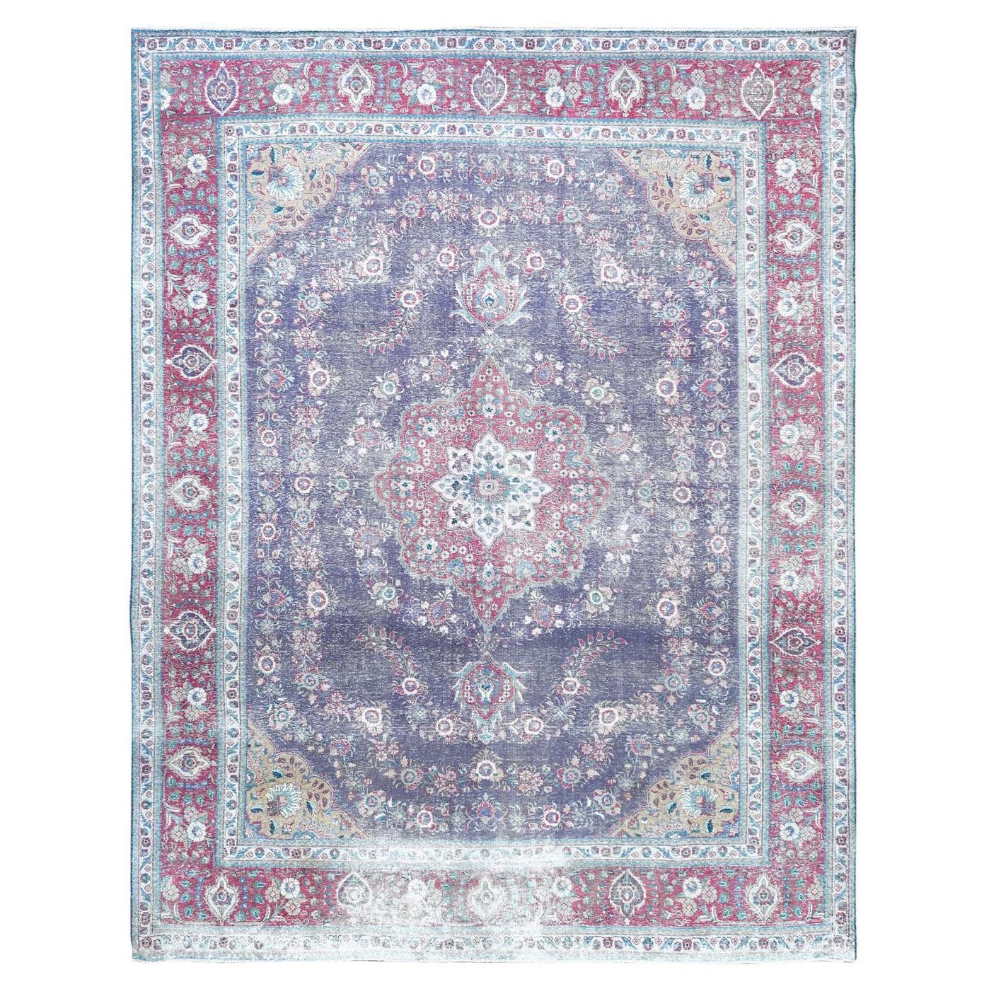 Hand Knotted Semi Antique Navy Blue Persian Tabriz Herbal Wash Natural Wool Rug For Sale