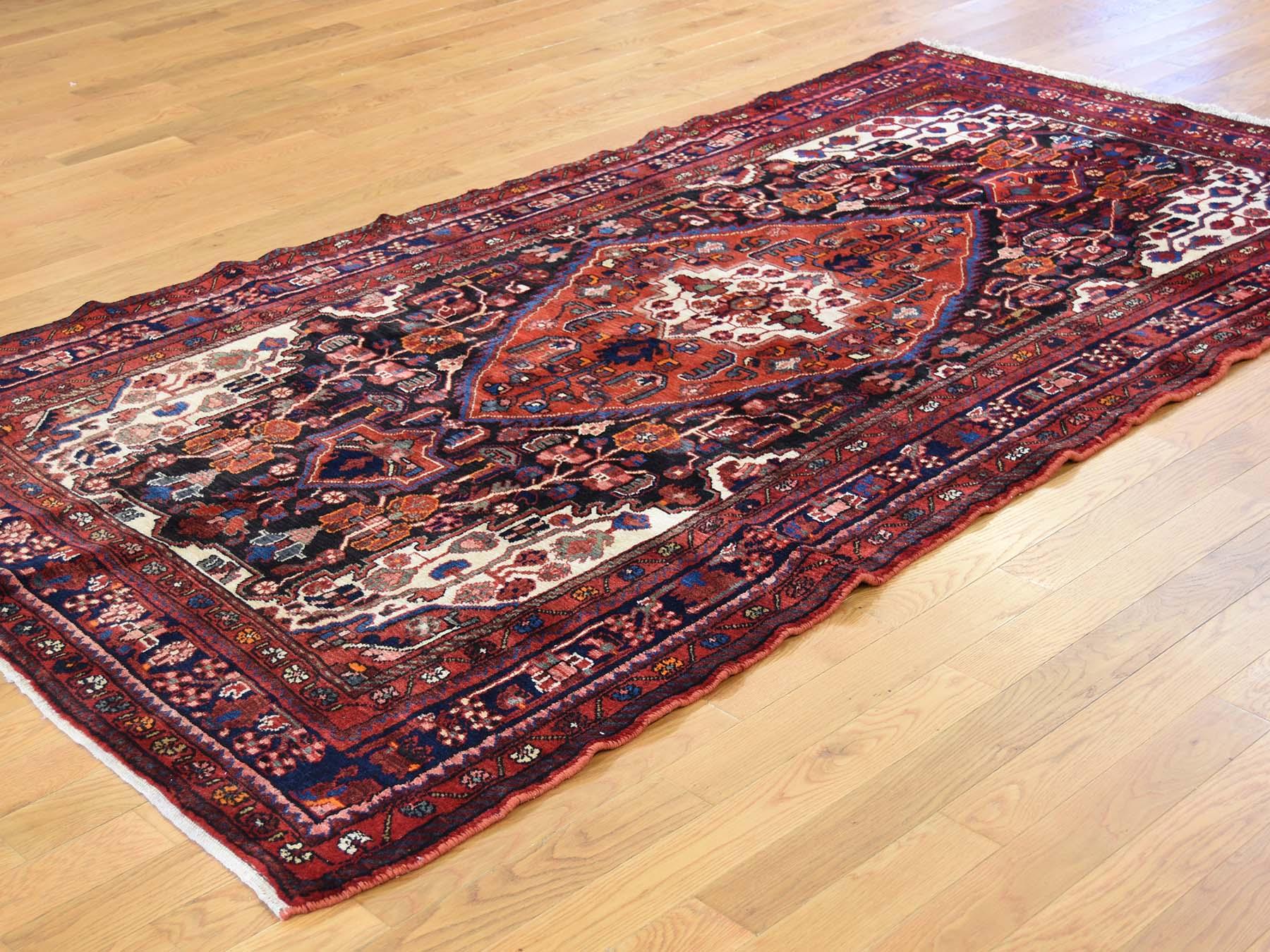 Medieval Hand Knotted Semi Antique Persian Nahavand Wide Runner Rug