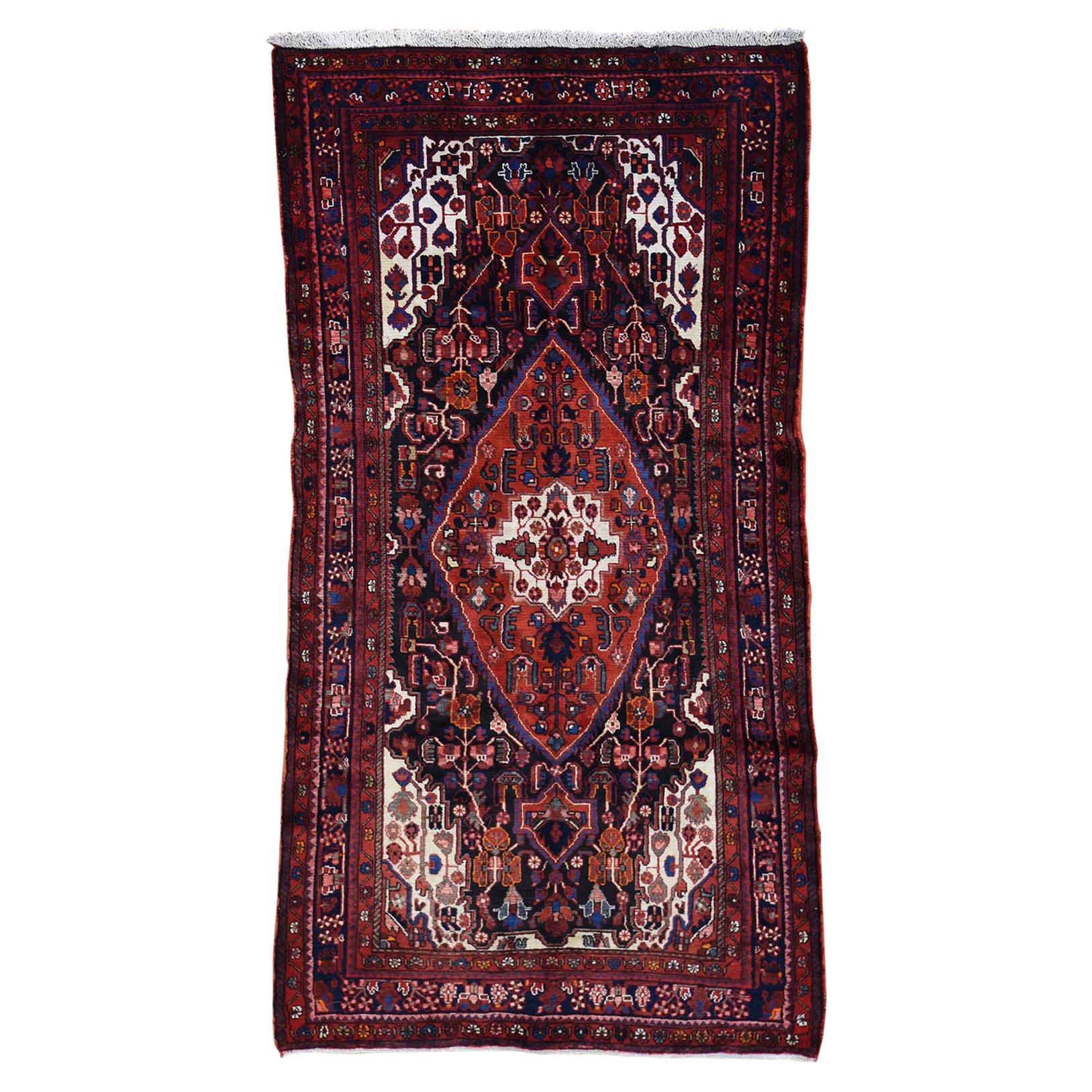 Hand Knotted Semi Antique Persian Nahavand Wide Runner Rug