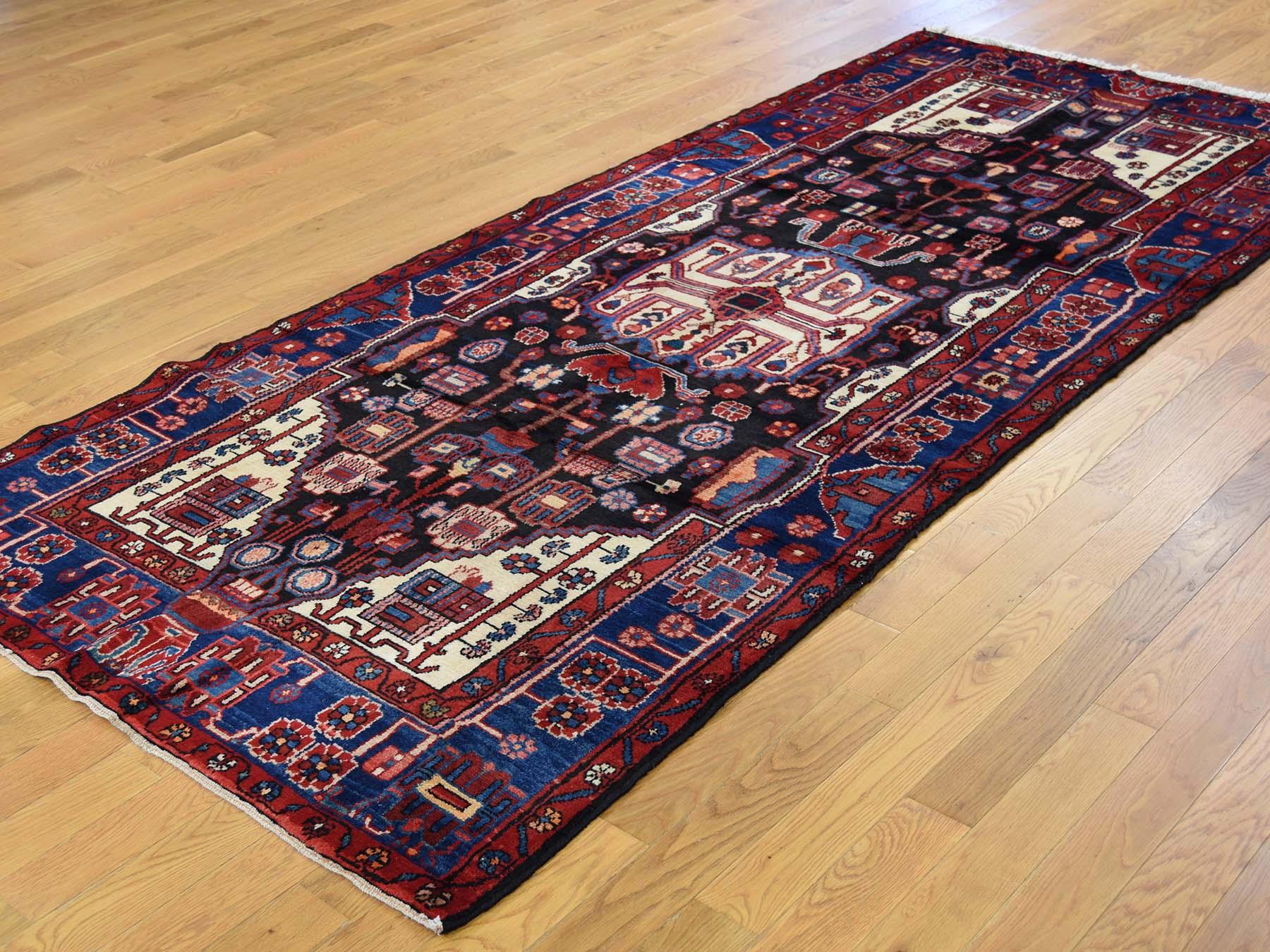 Medieval Hand-Knotted Semi Antique Persian Nahavand Wide Runner Rug
