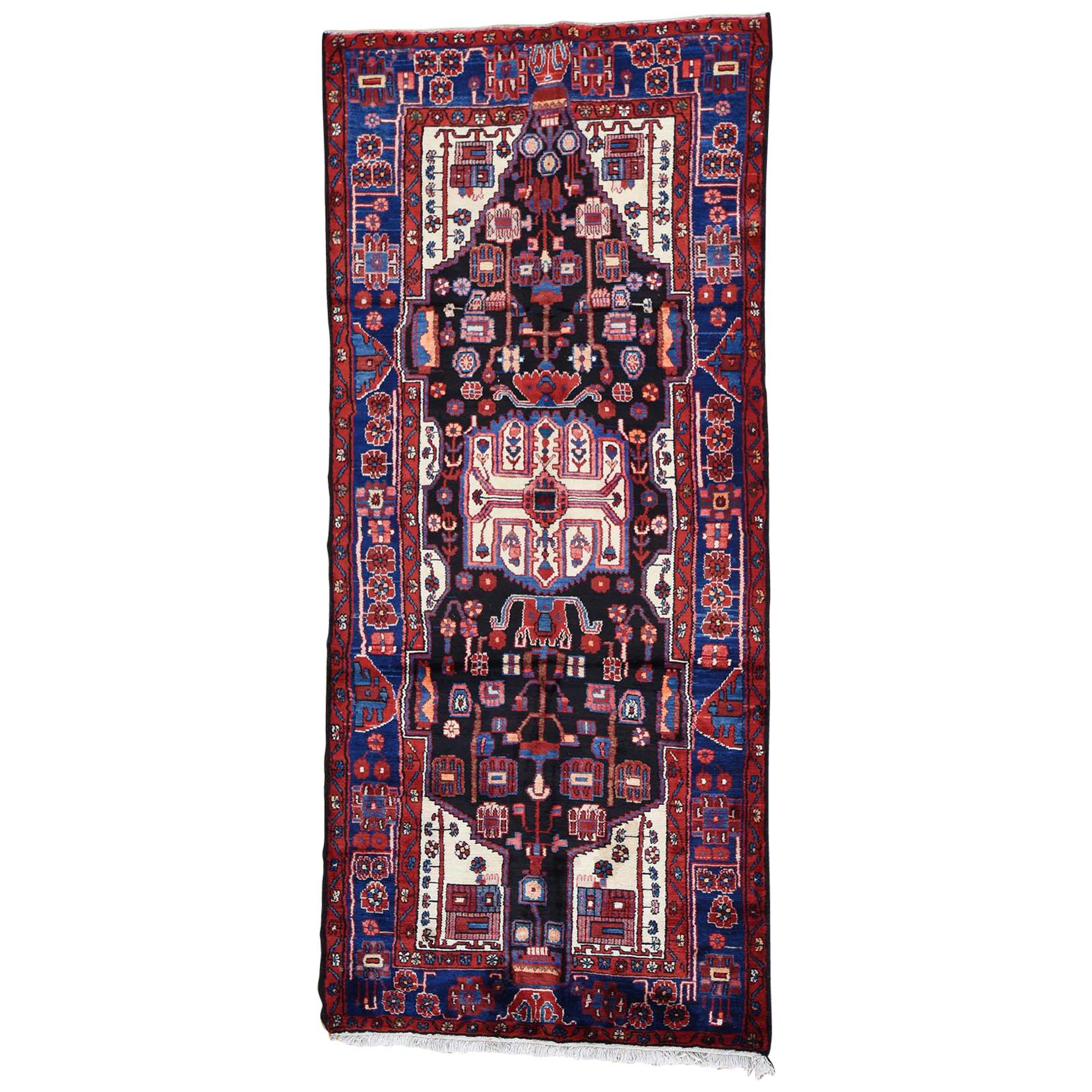 Hand-Knotted Semi Antique Persian Nahavand Wide Runner Rug