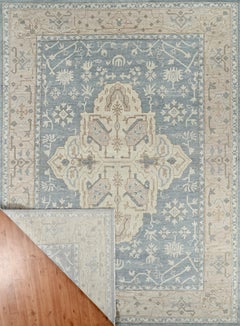 Hand-Knotted Serapi Style Wool Rug in Aqua Blue and Camel Beige