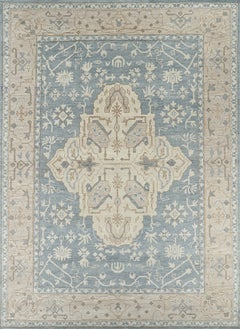 Hand-Knotted Serapi Style Wool Rug in Aqua Blue and Camel Beige